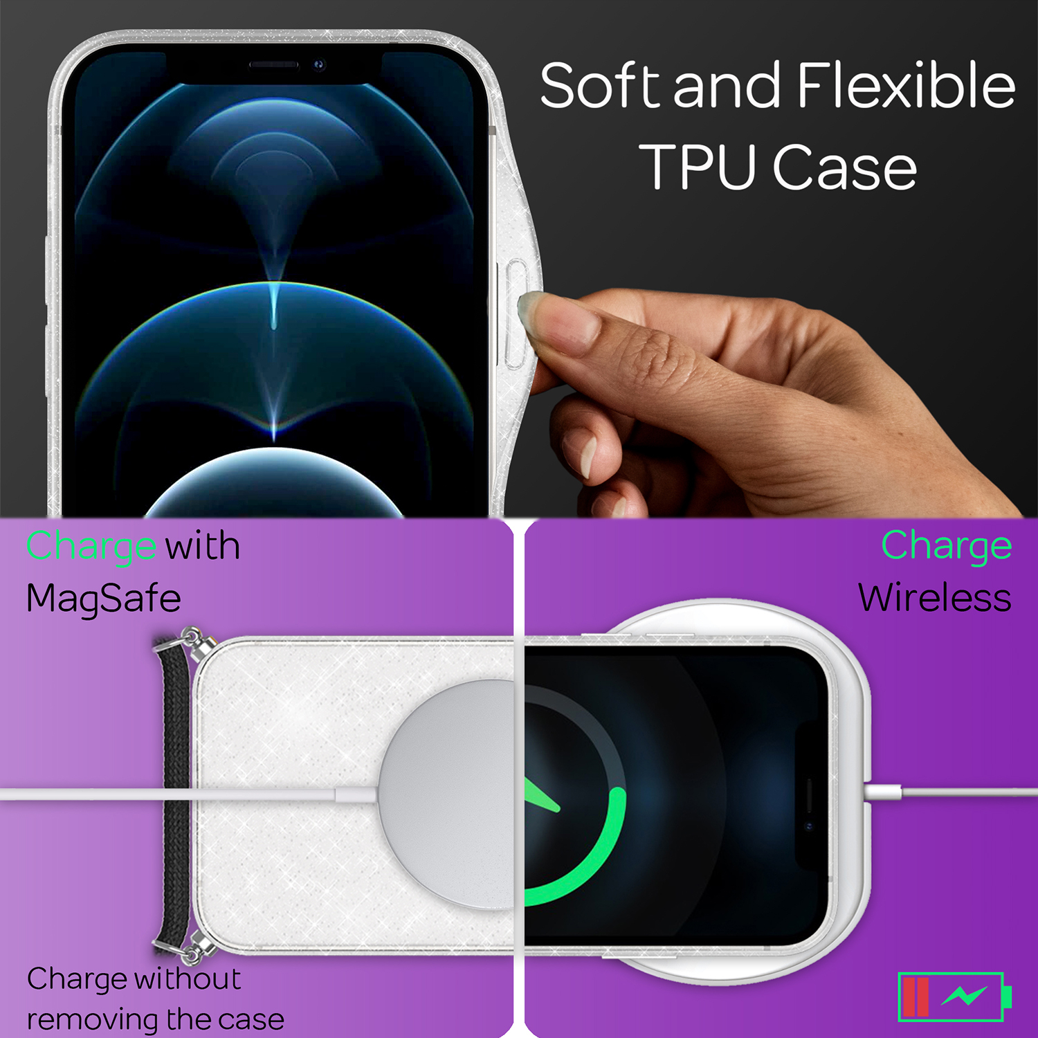 Funda de teléfono con teléfono, MagSafe y carga inalámbrica, con texto descriptivo.