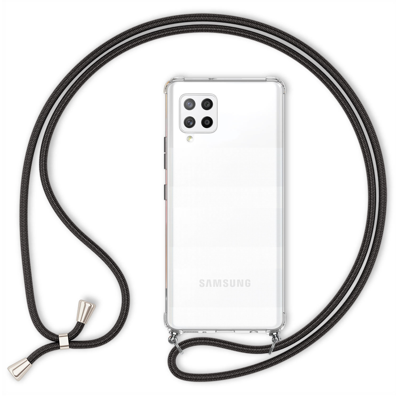 Custodia trasparente con cordino nero. Logo Samsung visibile. Quattro obiettivi.
