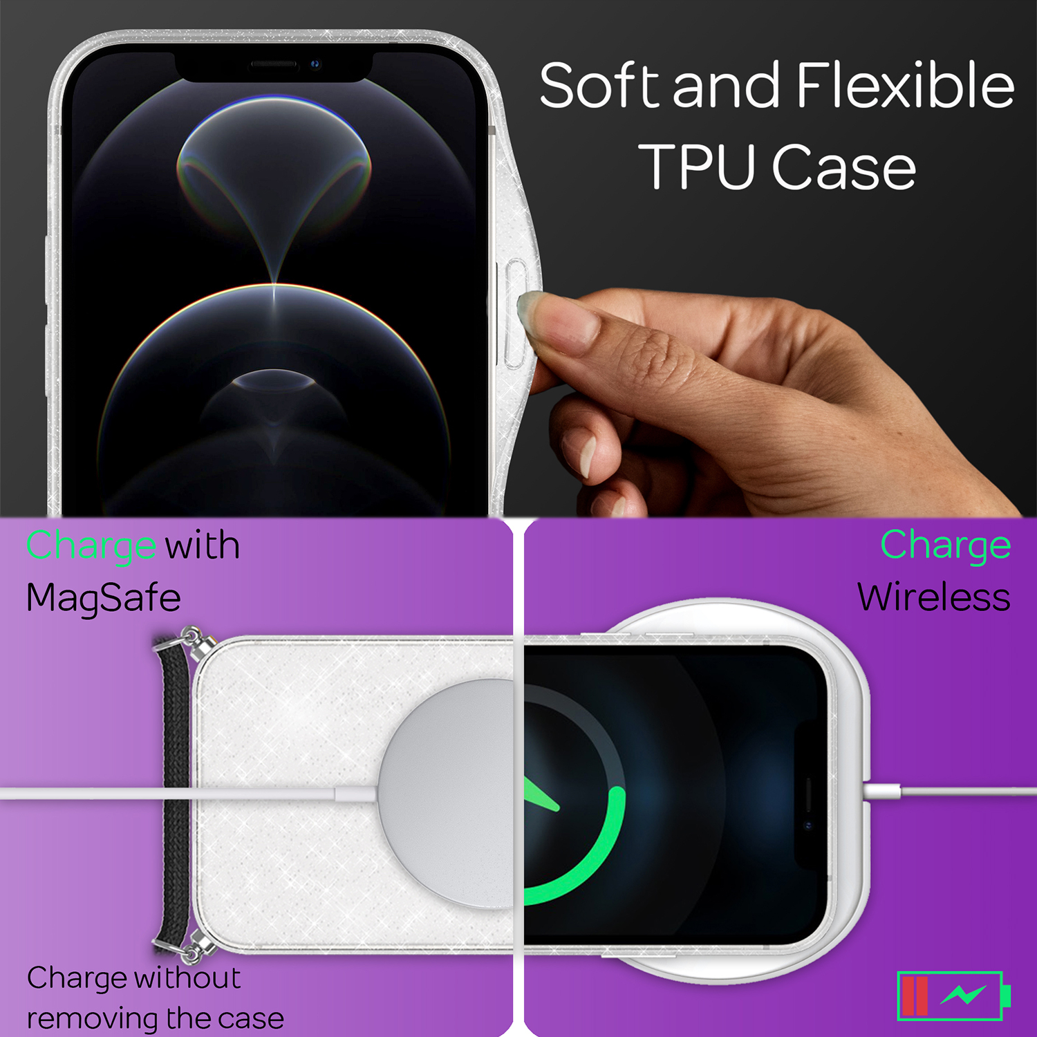 Handyhülle, Laden mit MagSafe oder kabellos. Text: weiche und flexible TPU-Hülle.