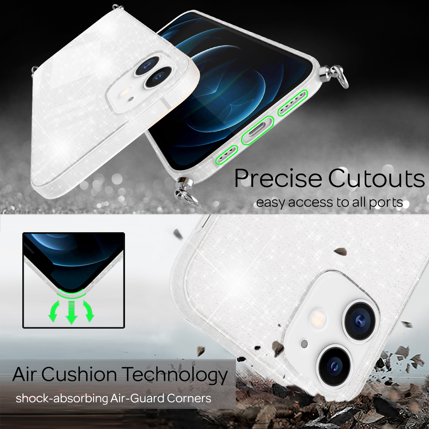 Funda transparente en teléfono. Características: recortes precisos, tecnología de cojín de aire, fácil acceso a puertos.