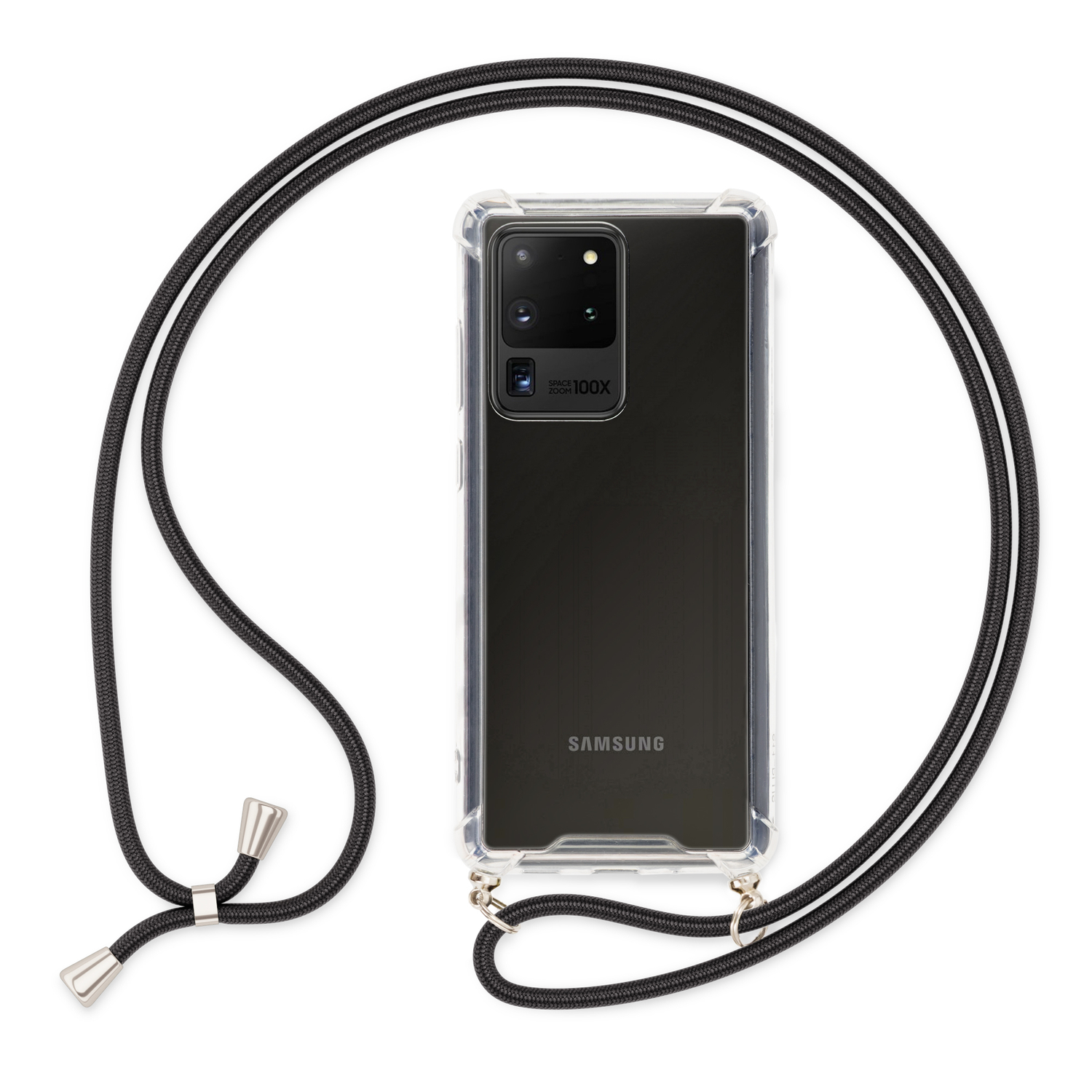 Schwarzes Telefon in transparenter Hülle mit schwarzem Kabel. Kabel mit Metallverschlüssen.