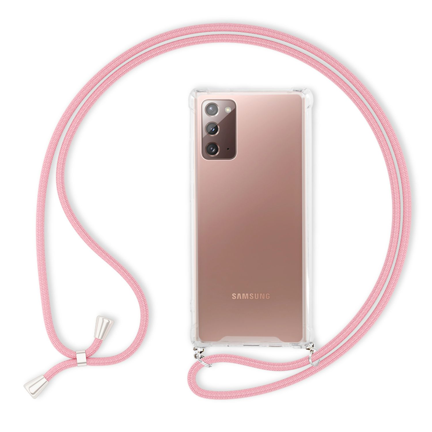 Ein Telefon mit einem rosa Lanyard. Das Telefon ist in einer transparenten Hülle.