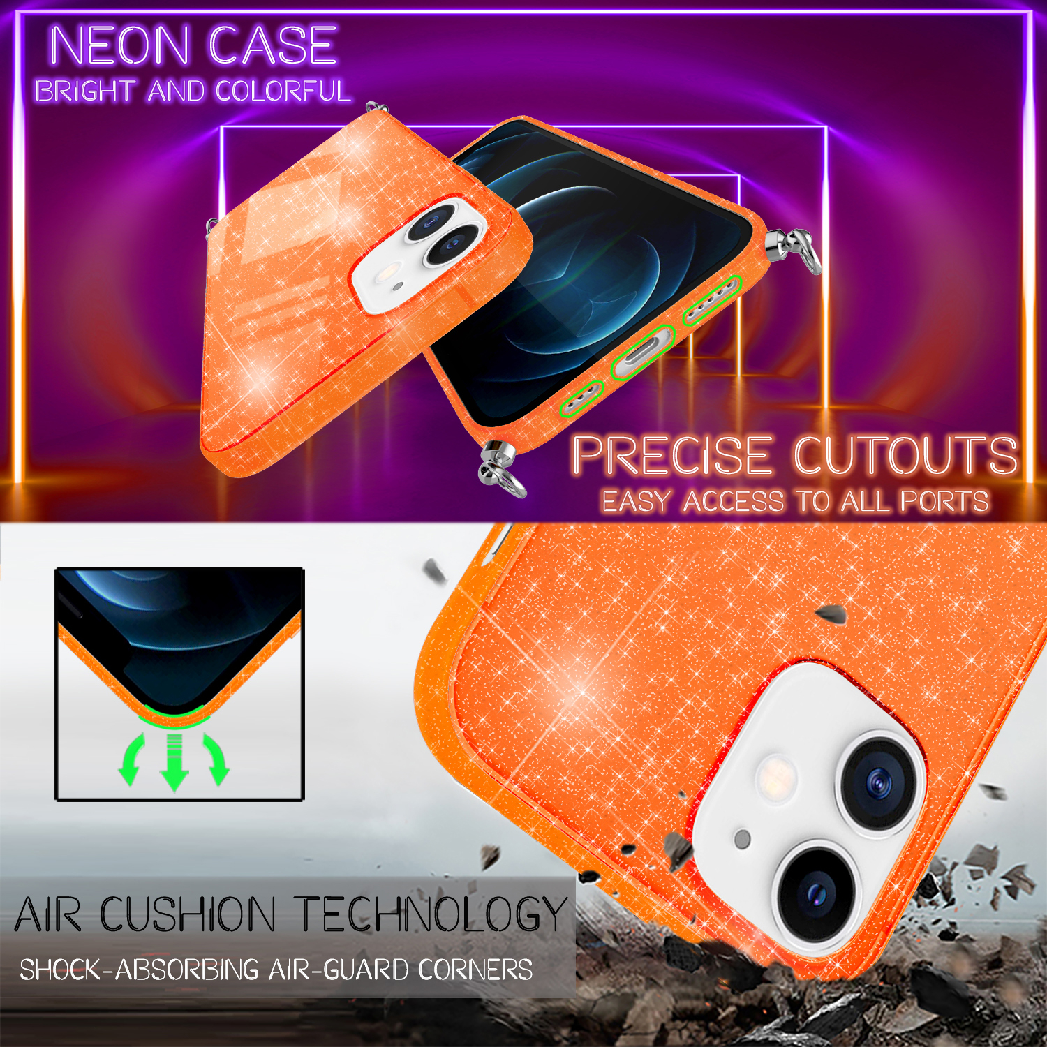 Funda de teléfono naranja neón con detalles brillantes. Cortes precisos. Tecnología Air Cushion para protección.