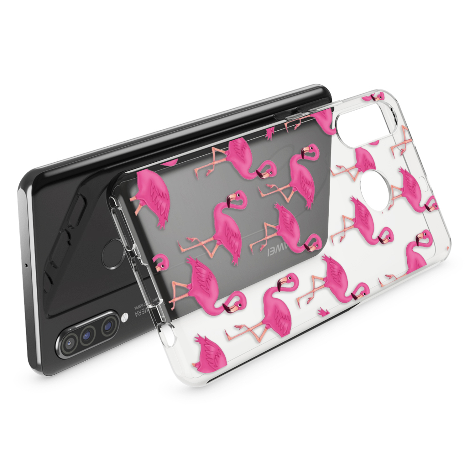 Ein Telefon mit einer Flamingo-gemusterten Hülle. Die Hülle hat einen transparenten Hintergrund mit rosa Flamingos.