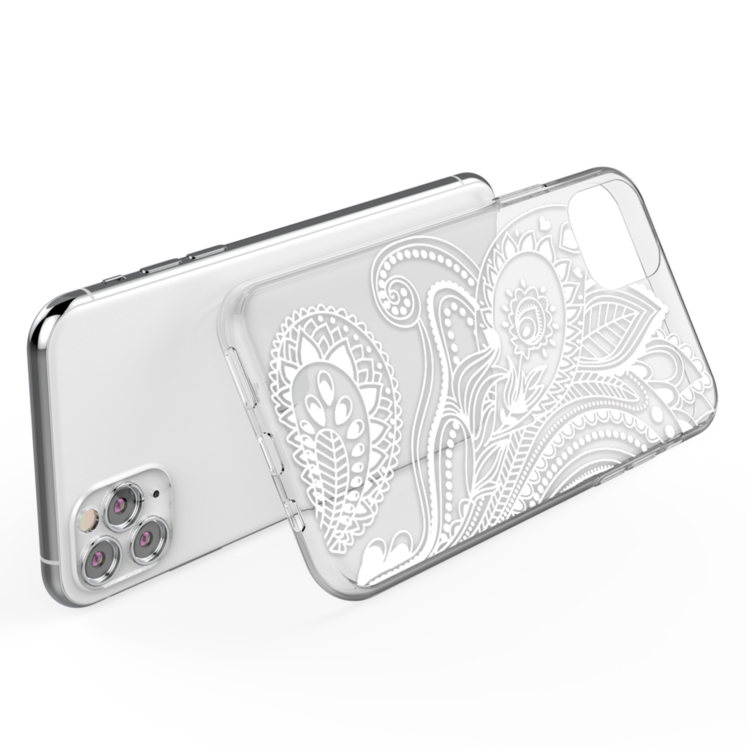 Transparente Handyhülle mit weißem Blumendesign auf einem silbernen Telefon. Die Hülle ist vom Telefon abgenommen.