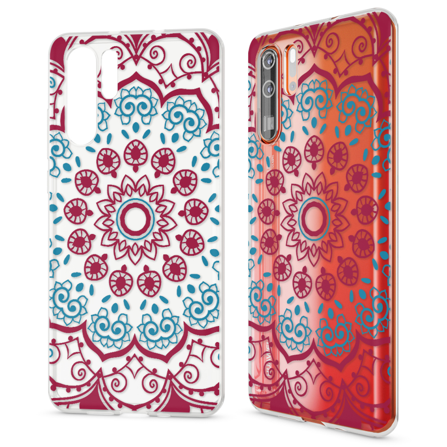 Zwei Handyhüllen, eine mit Mandala-Design, die andere mit Orange-Verlauf.