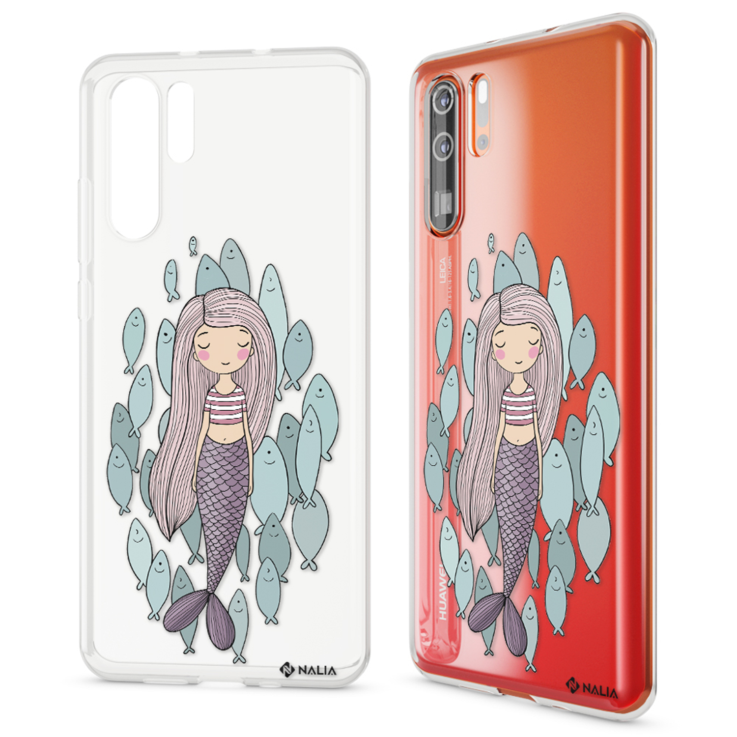 Coque de téléphone avec une illustration de sirène. Deux vues, une avec la coque affichée.