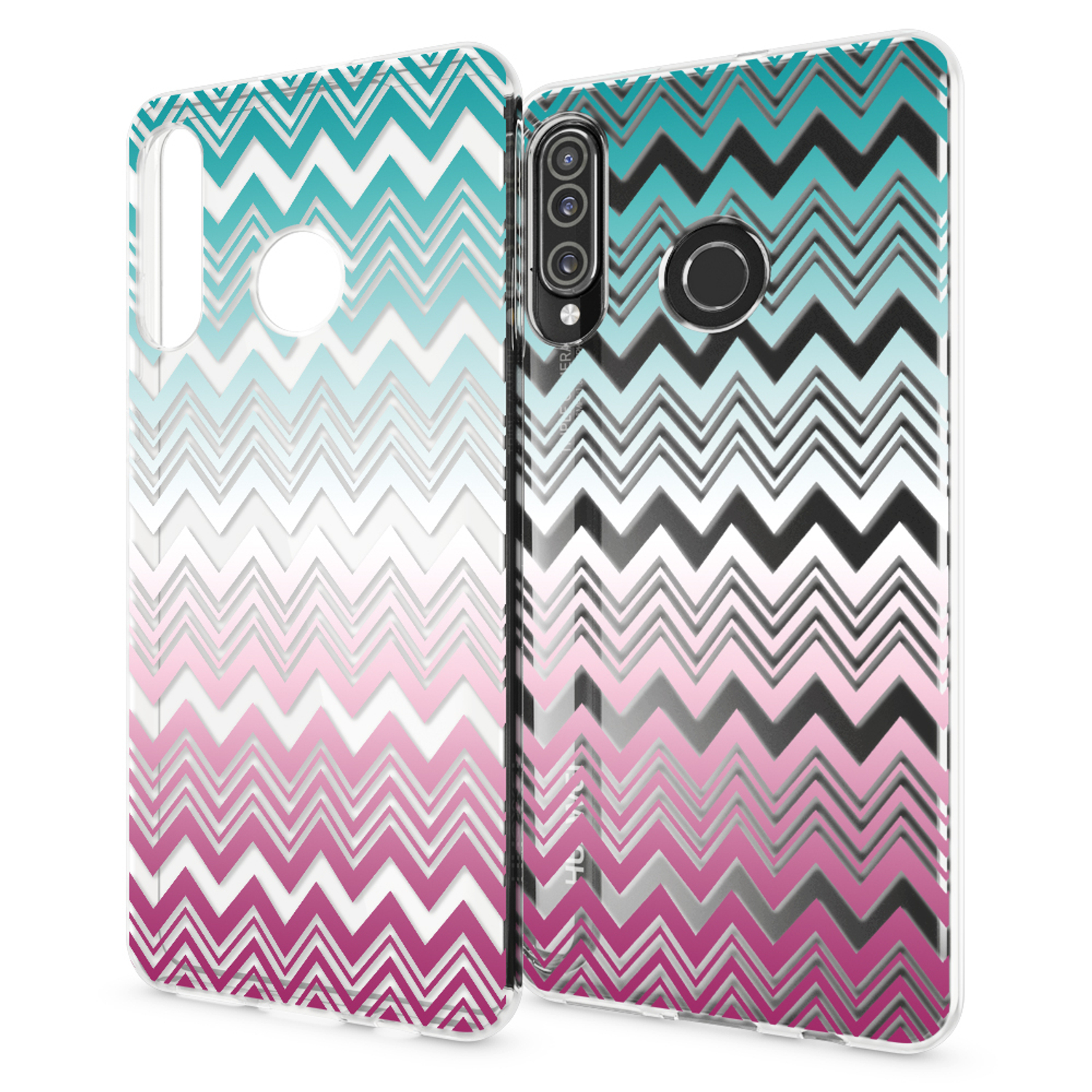 Zwei Handyhüllen mit einem Zickzackmuster in Pink, Weiß und Blau, mit einem Telefon darin.