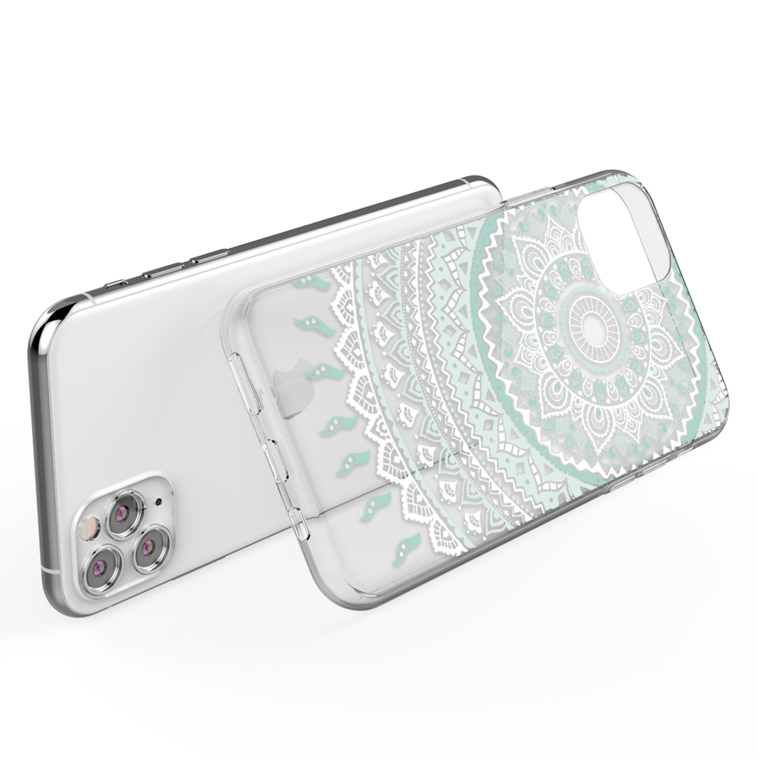 Transparente Handyhülle mit floralem Muster auf weißem Hintergrund. Das Telefon ist silberfarben.