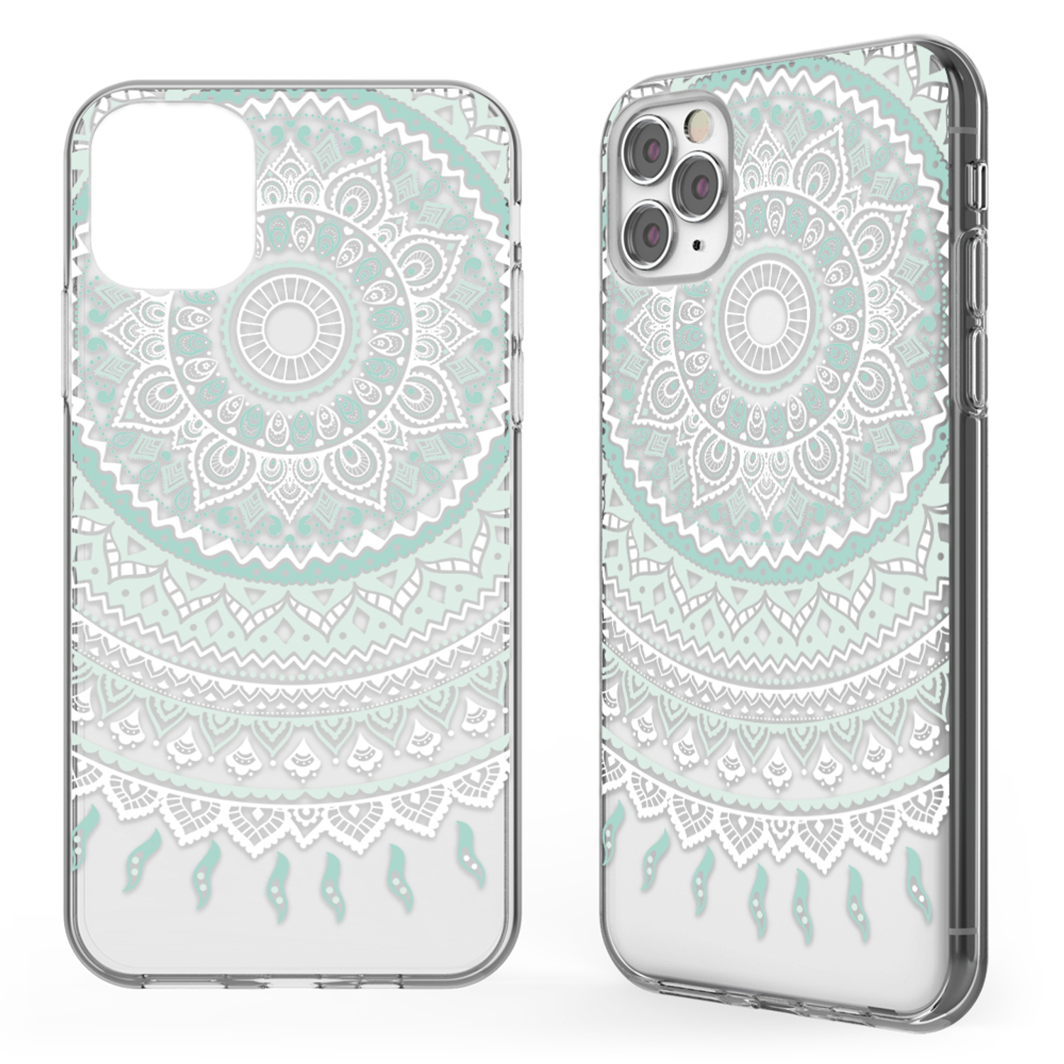 Zwei Handyhüllen. Eine zeigt ein Mandala-Design in Mint und Weiß. Die andere zeigt die Rückseite des Telefons.