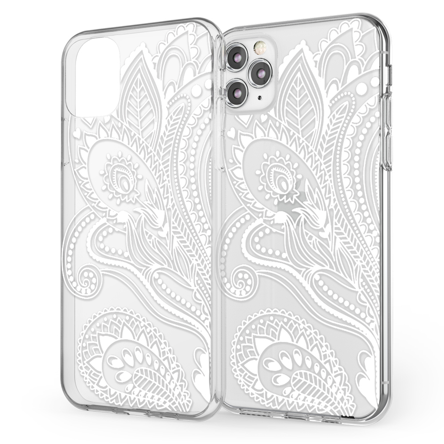 Transparente Handyhülle mit weißem floralem Design. Zwei Teile der Hülle werden gezeigt.