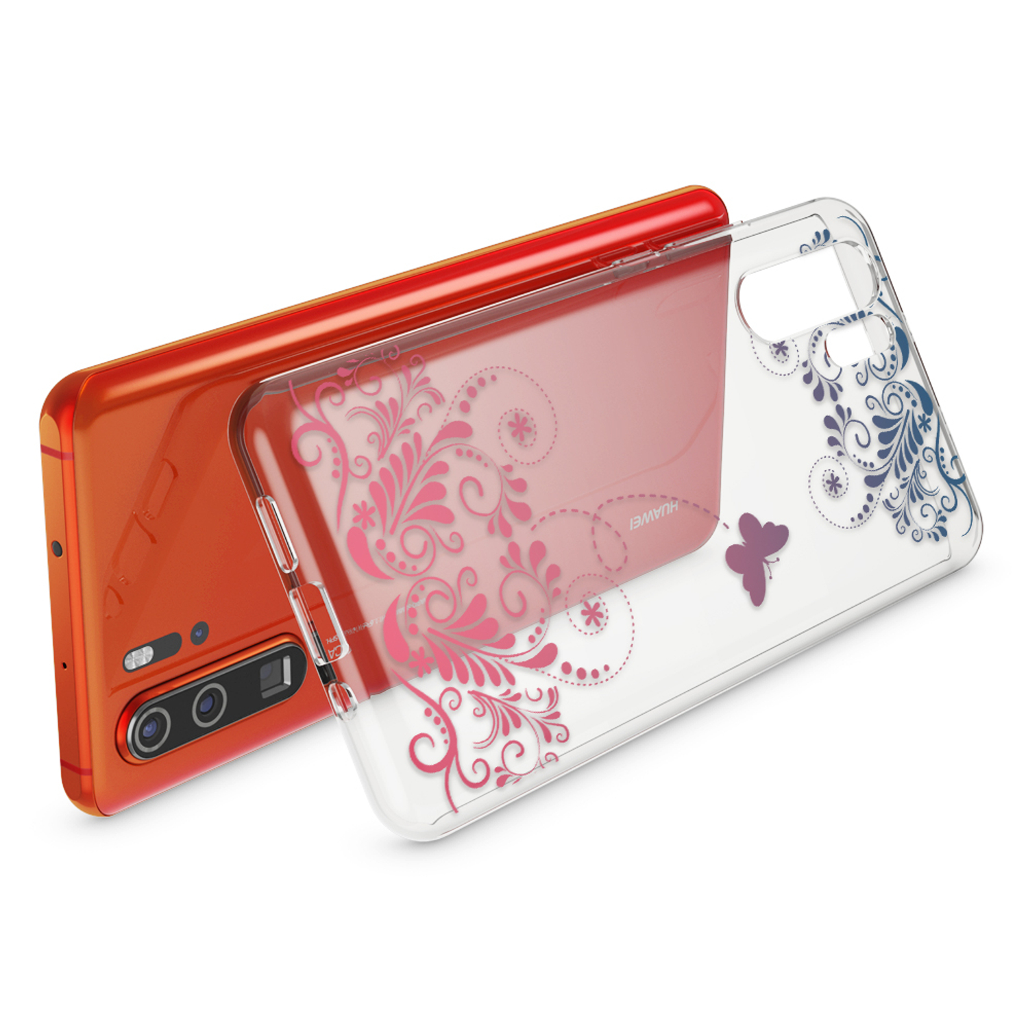 Orangefarbenes Telefon mit transparenter Hülle. Hülle mit rosa Blumendesign und Schmetterling.