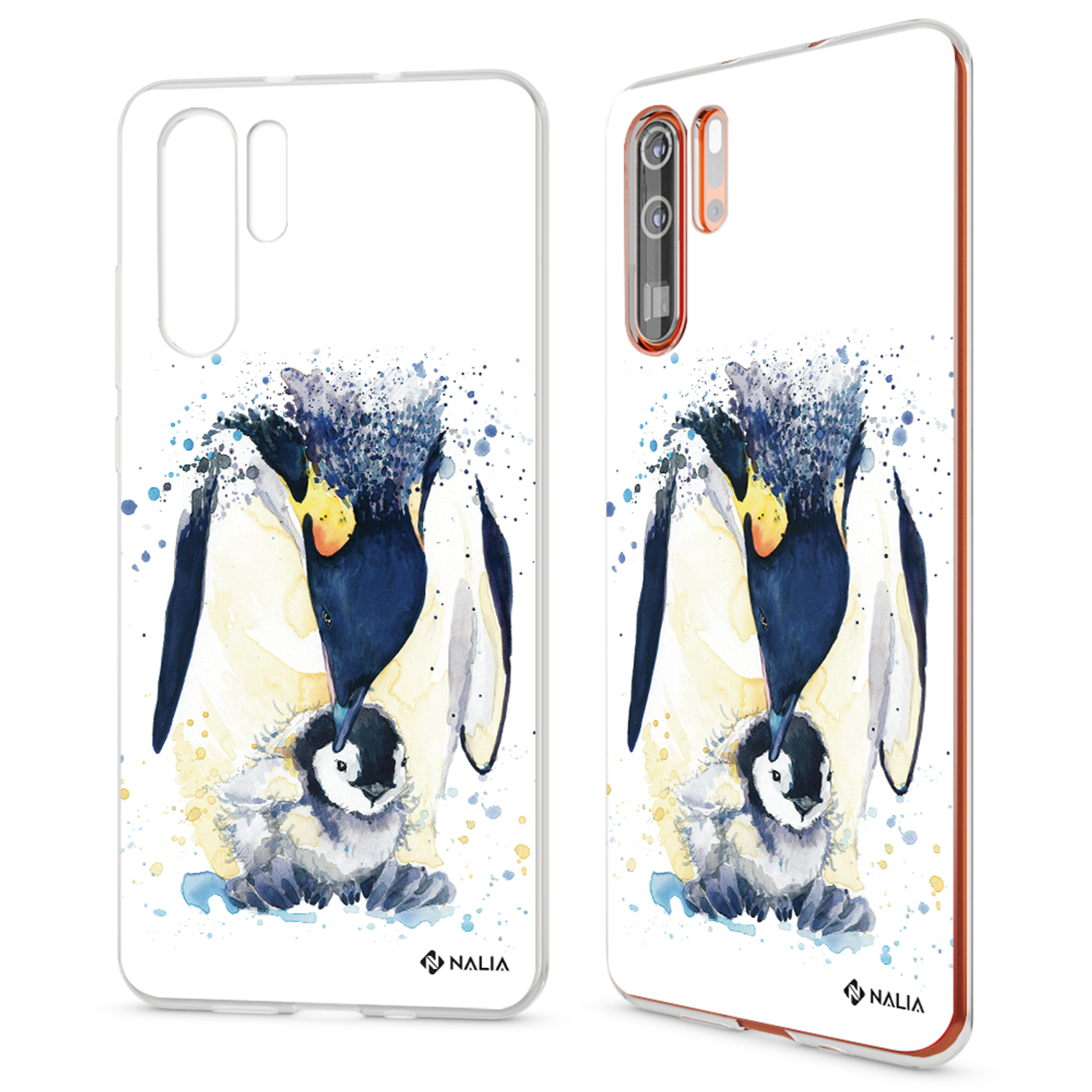 Telefonhüllen mit Pinguinkunst. Zwei Hüllen zeigen Mutter- und Baby-Pinguine im Aquarellstil.
