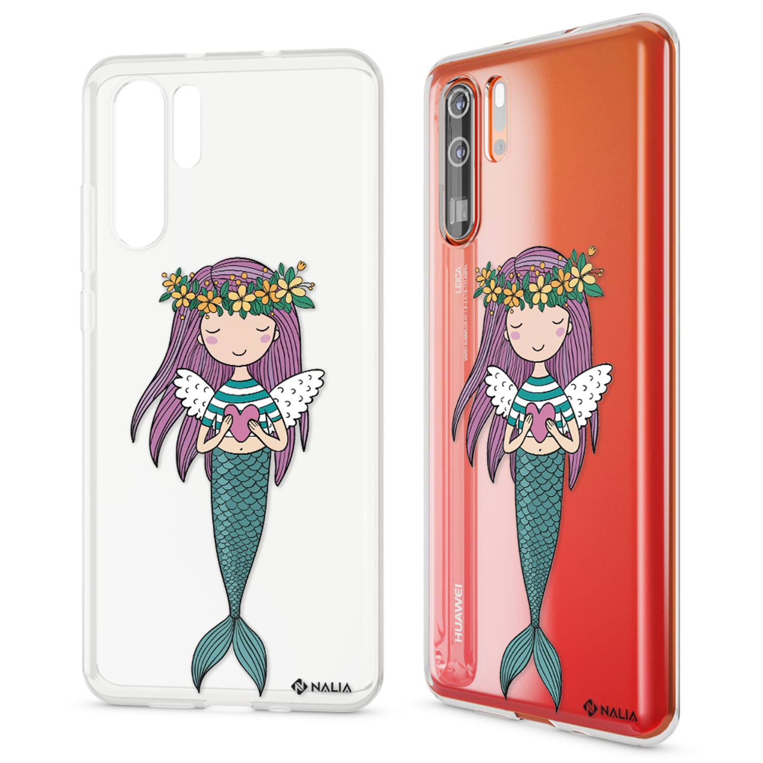 Zwei Handyhüllen. Eine zeigt eine Meerjungfrau mit Herz, die andere ein rotes Telefon. Beide haben Nalila-Logo.