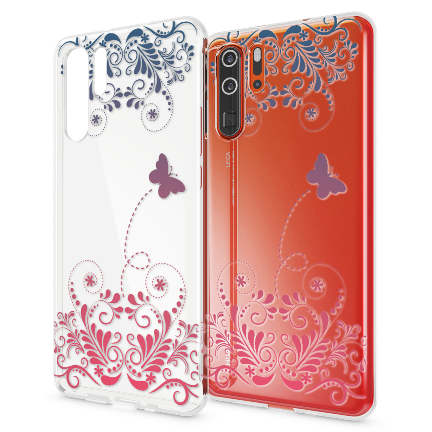 Zwei Handyhüllen, eine durchsichtige und eine rote, mit floralem Design und Schmetterlingsakzenten.