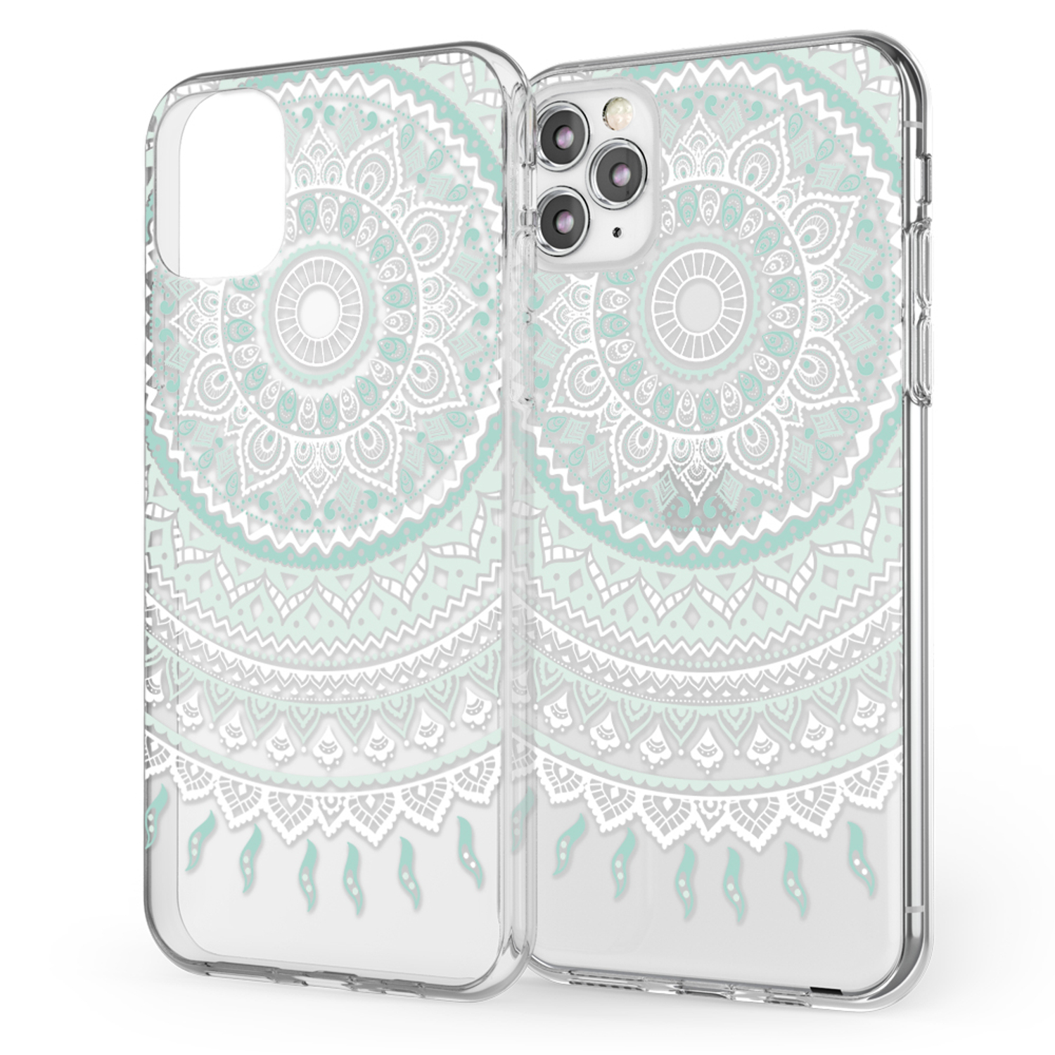 Transparente Handyhülle mit Mandala-Design. Das Design befindet sich auf der Rückseite.