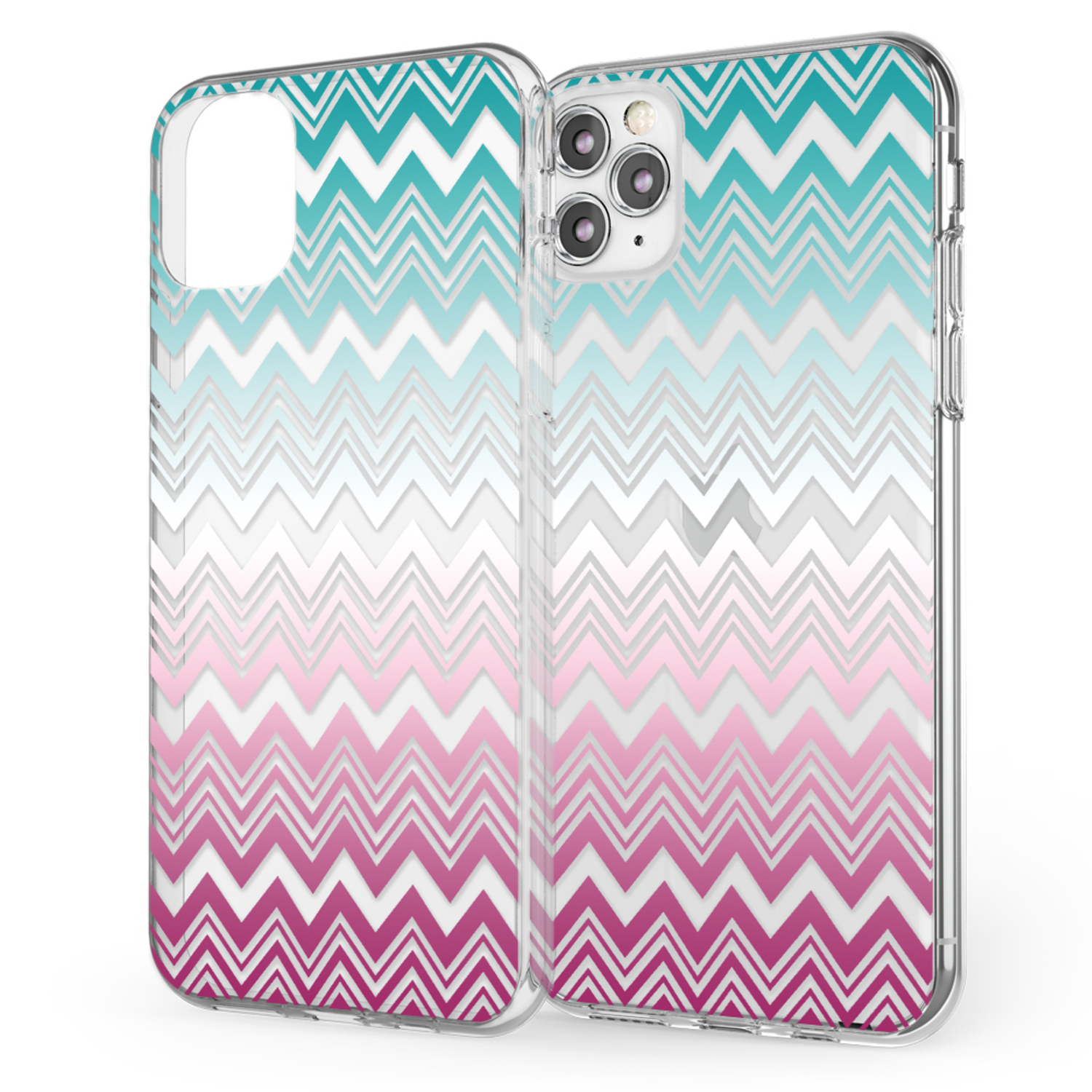 Transparente Handyhülle mit Zickzackmuster in Türkis, Weiß und Pink. Es passt gut auf ein Telefon.