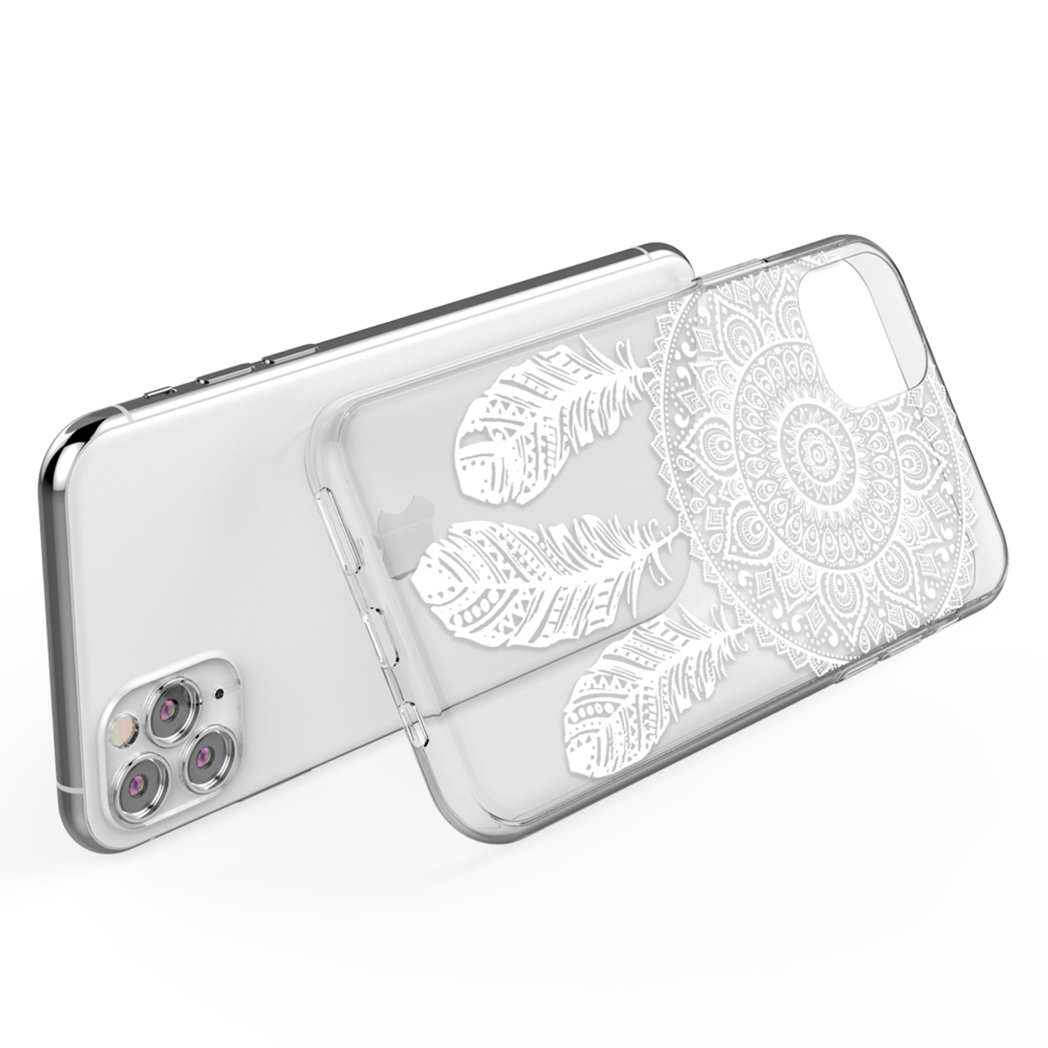 Transparente Handyhülle mit weißem Feder- und Mandala-Design.