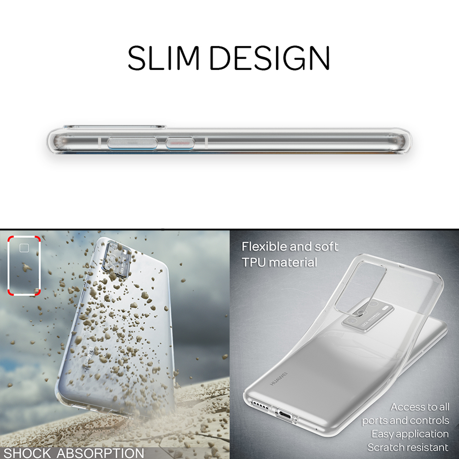 Transparente Handyhülle über einem Telefon. Bild zeigt schlankes Design, Stoßabsorption und flexibles TPU-Material.