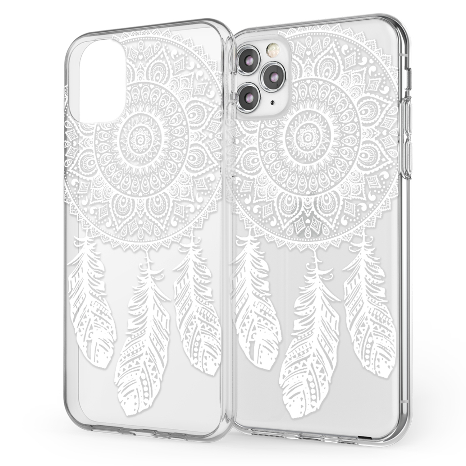 Zwei Handyhüllen mit weißem Mandala- und Federmuster. Transparente Hüllen mit weißem Hintergrund.