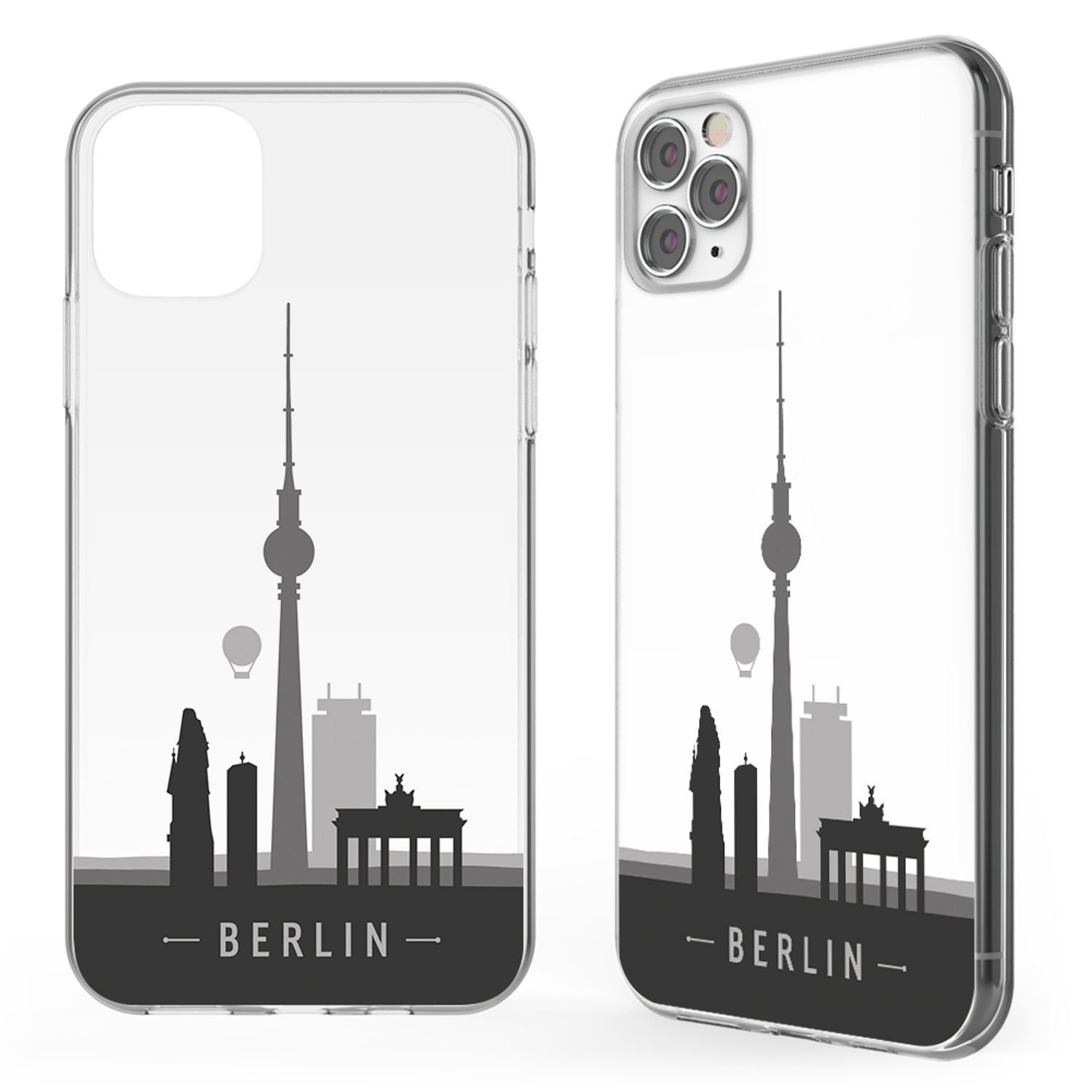 Zwei Handyhüllen. Eine mit Berliner Skyline. Die andere zeigt das Telefon.