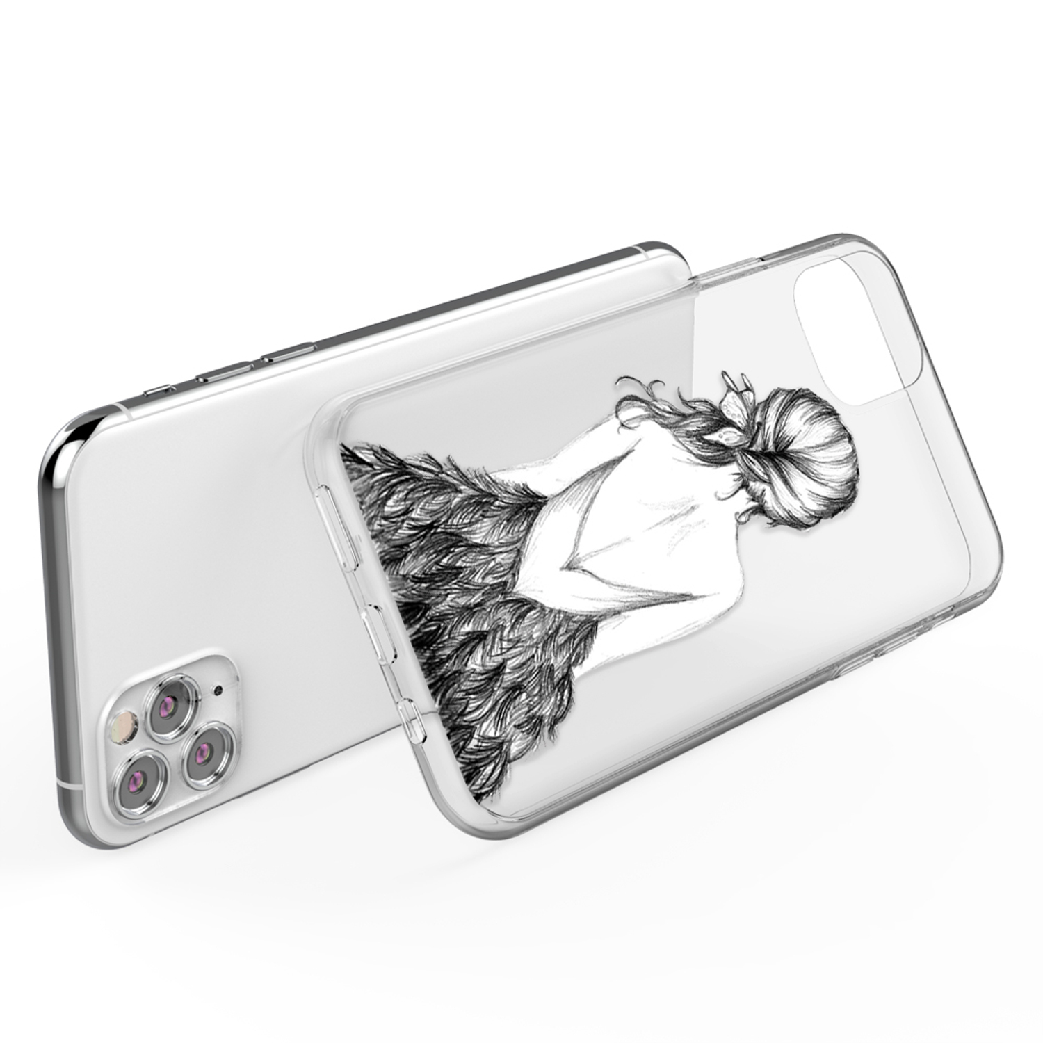 Eine transparente Handyhülle mit einer Zeichnung einer Frau mit Federn. Das Telefon lehnt an einem anderen Telefon.