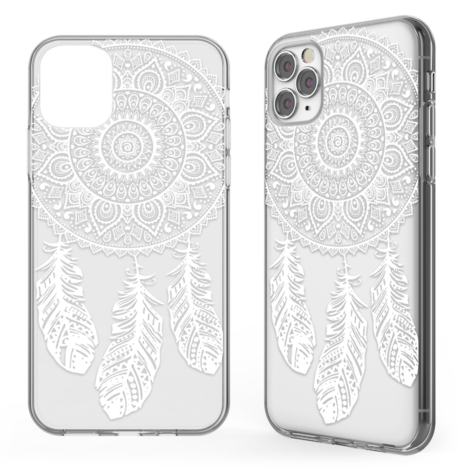 Handyhülle mit weißem Mandala-Design und Federn.