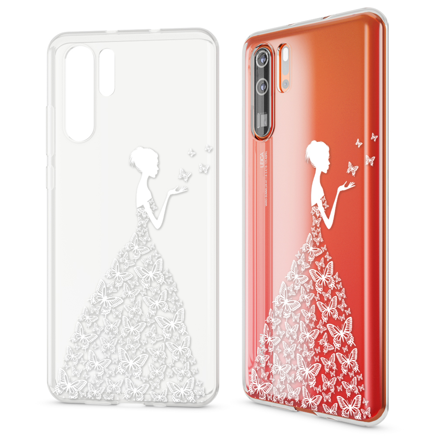 Zwei Handyhüllen mit einem Schmetterlingskleid-Design.