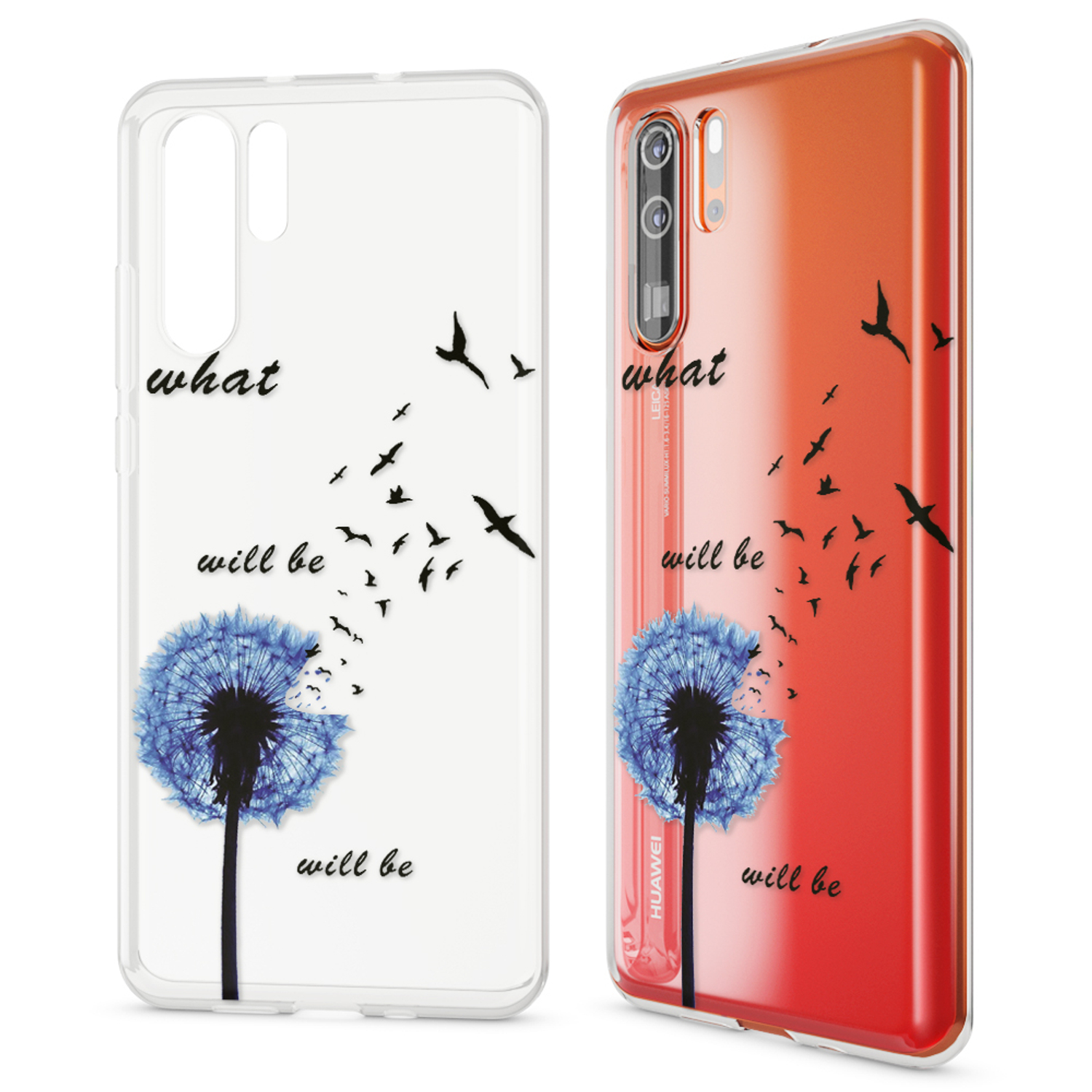 Zwei Handyhüllen mit Löwenzahn-Design und Vögeln. Eine ist durchsichtig, die andere rot-orange mit einem Huawei-Handy.