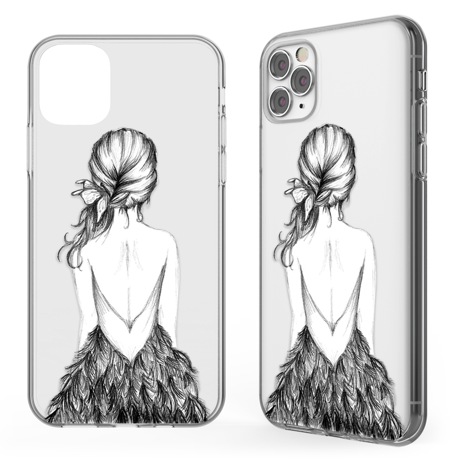 Zwei Handyhüllen mit einer gezeichneten Frau im Kleid, mit Fokus auf dem Rücken und einem detaillierten Federdesign.