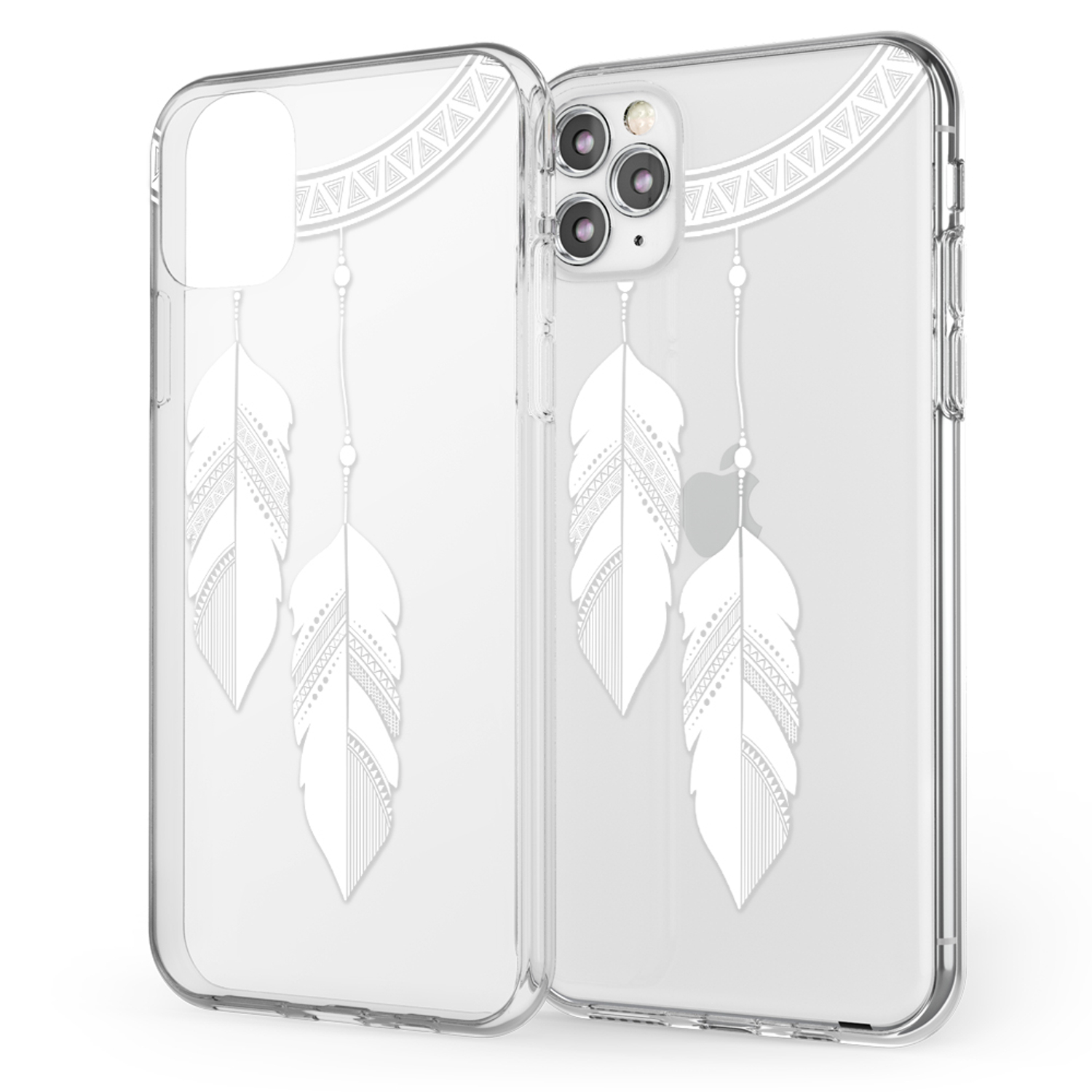 Transparente Handyhülle mit weißem Federdesign. Zwei Telefone mit Hüllen auf weißer Oberfläche.