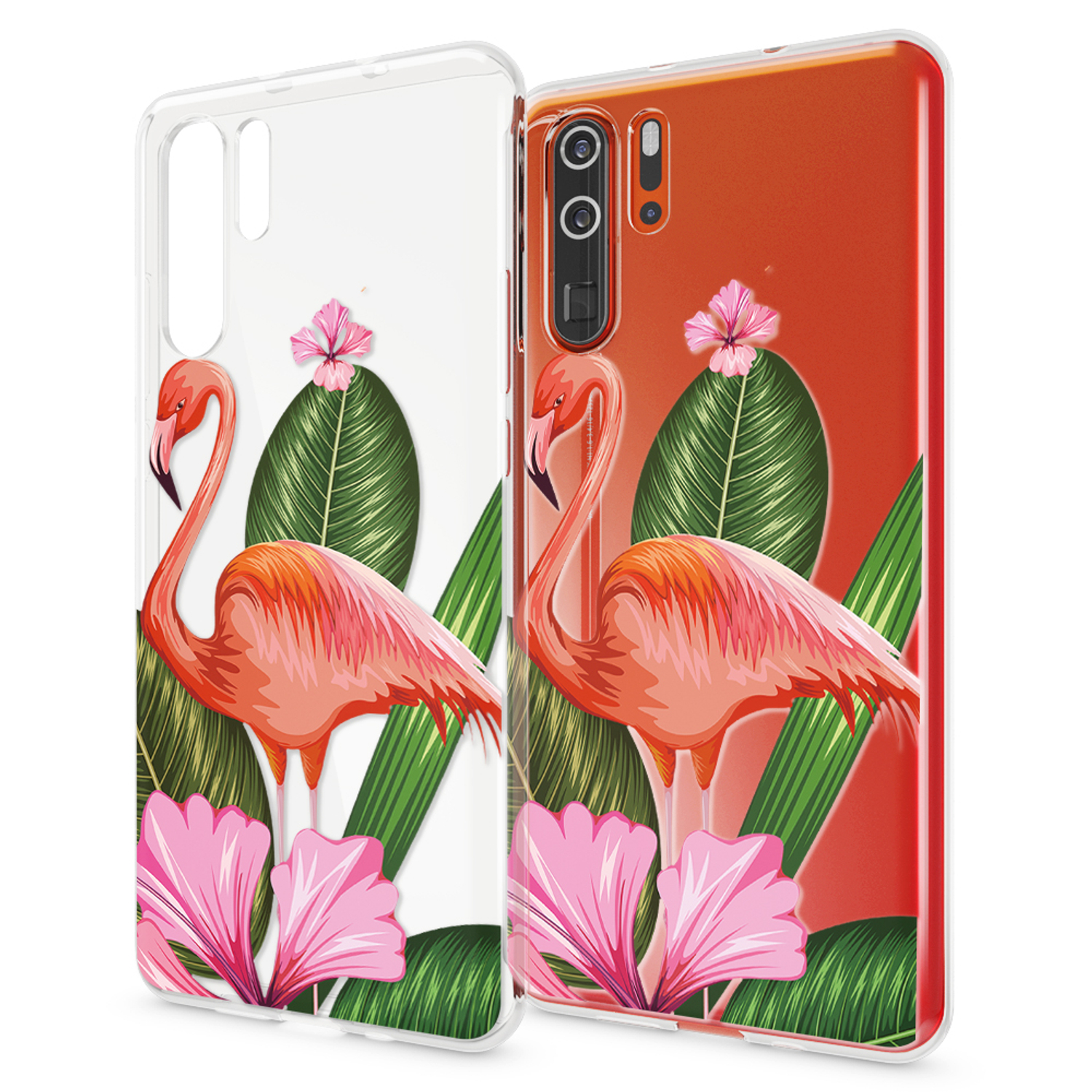 Handyhülle mit einem rosa Flamingo-Design und tropischen Blättern.