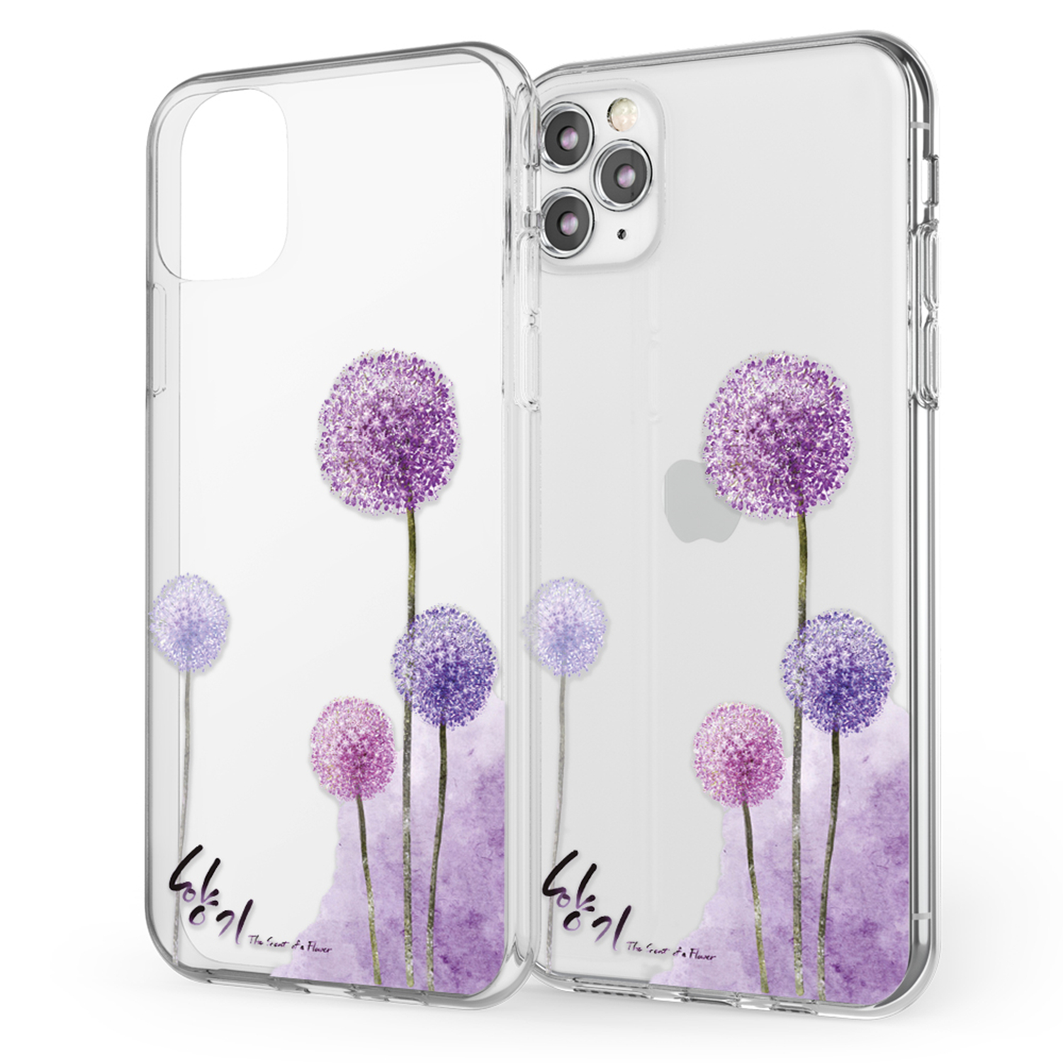 Transparente Handyhülle mit lila Blumendesign, zwei Hüllen nebeneinander.