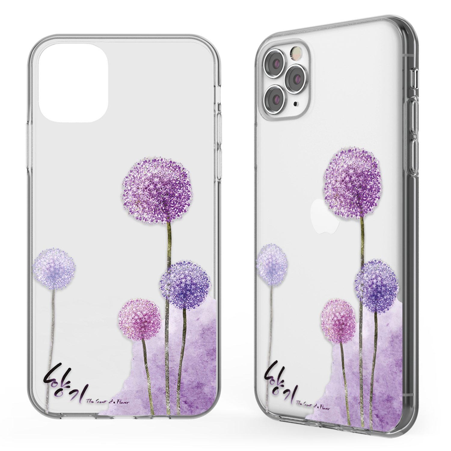 Handyhülle mit floralem Design. Zwei Ansichten, eine mit dem Gehäuse im Display.