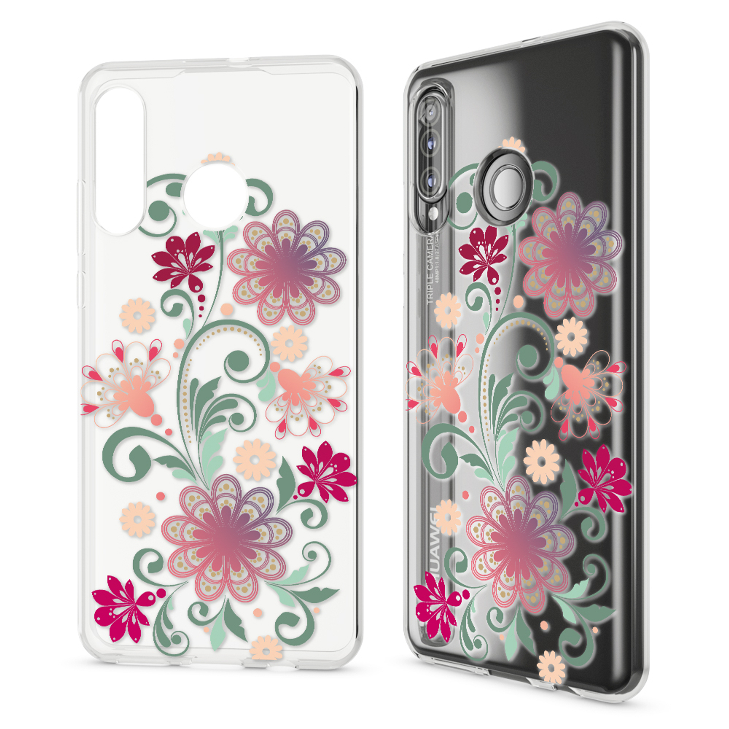 Handyhülle mit Blumendesign, rosa und lila Blumen auf transparentem Hintergrund.