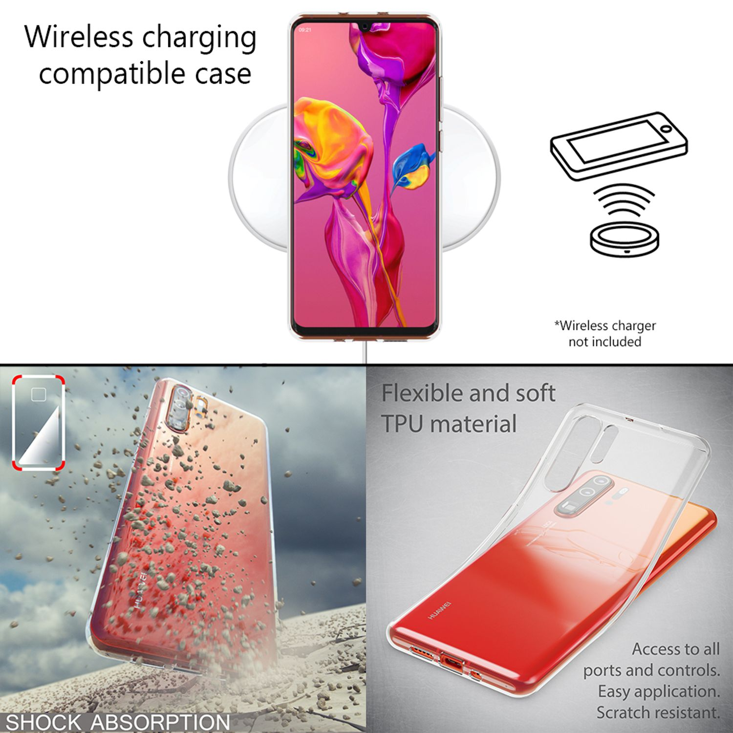 L'image montre un téléphone avec étui, chargeur sans fil et texte. Absorption des chocs, matériau TPU flexible.