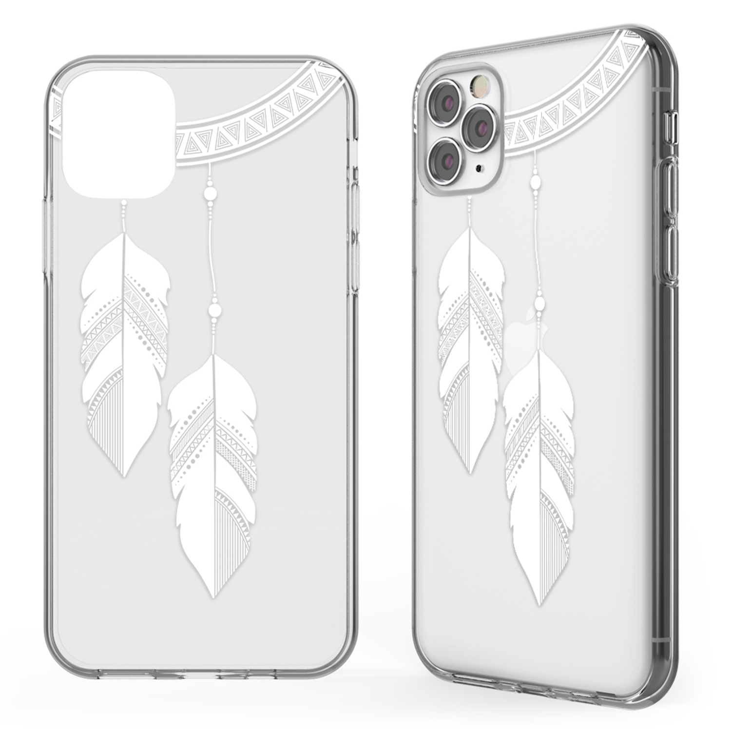 Transparente Handyhülle mit Federdesign, weißer Hintergrund, zwei Ansichten.