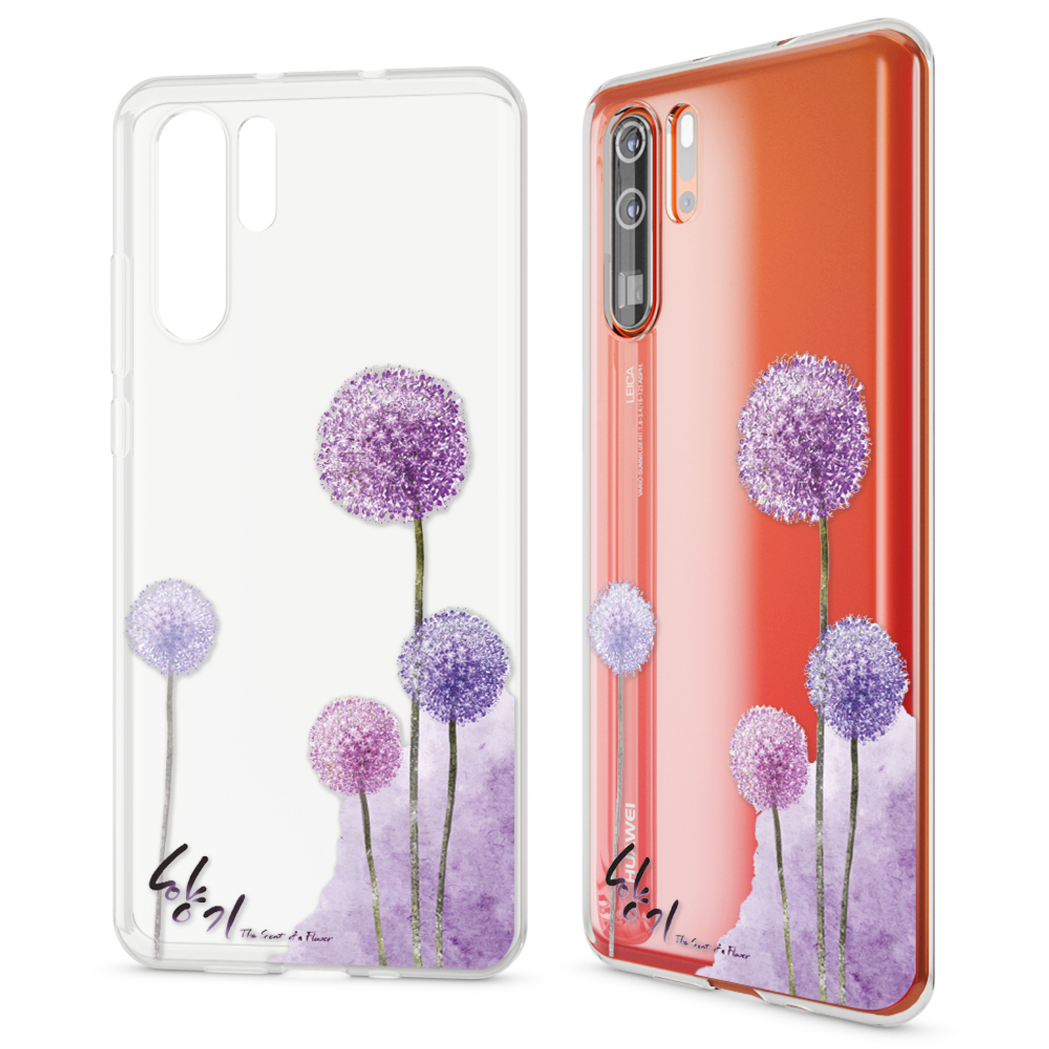 Handyhüllen mit lila Blumendesigns. Eine Hülle ist auf einem Telefon, die andere leer.