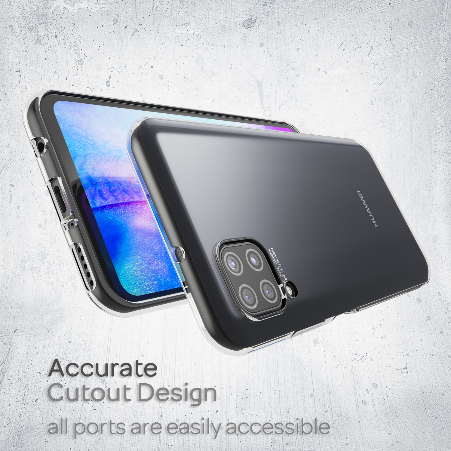 Transparente Handyhülle, schwarzer Rahmen, mit Telefon. Präzises Ausschnittdesign. Alle Anschlüsse zugänglich.