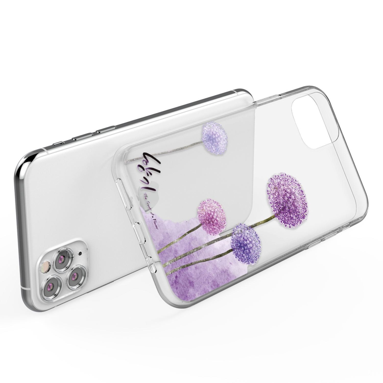Transparente Handyhülle mit lila Blumendesign und Telefon. Weißer Hintergrund.