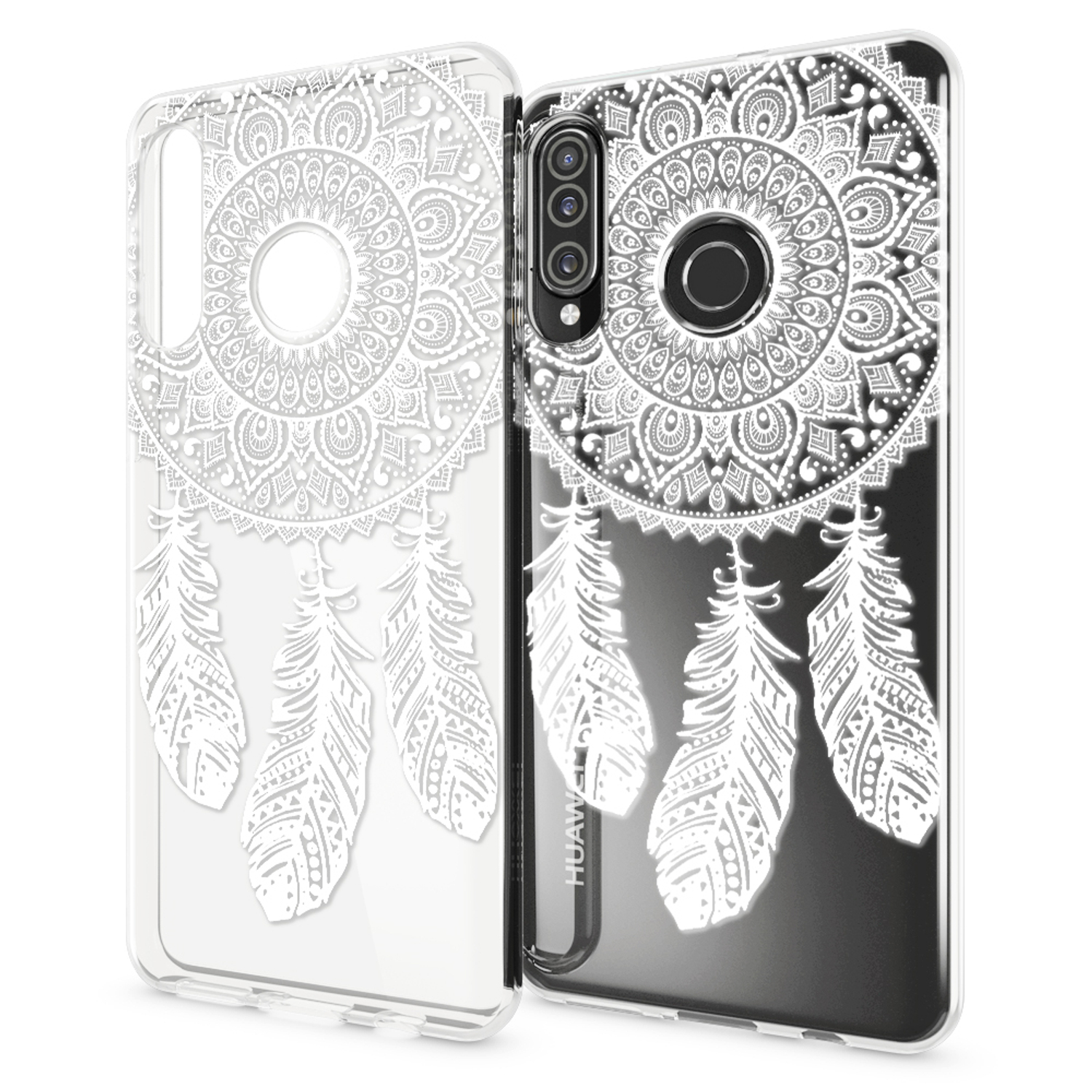 Handyhüllen mit Mandala-Design und Federn. Beide haben weiße Muster auf schwarzem und transparentem Hintergrund.