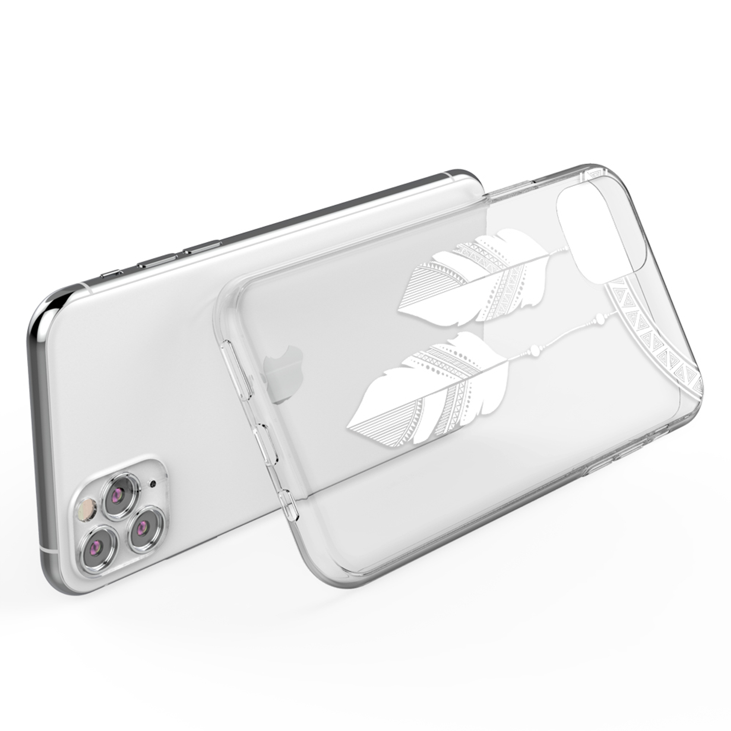 Transparente Handyhülle mit weißem Federdesign auf einem silbernen Telefon.