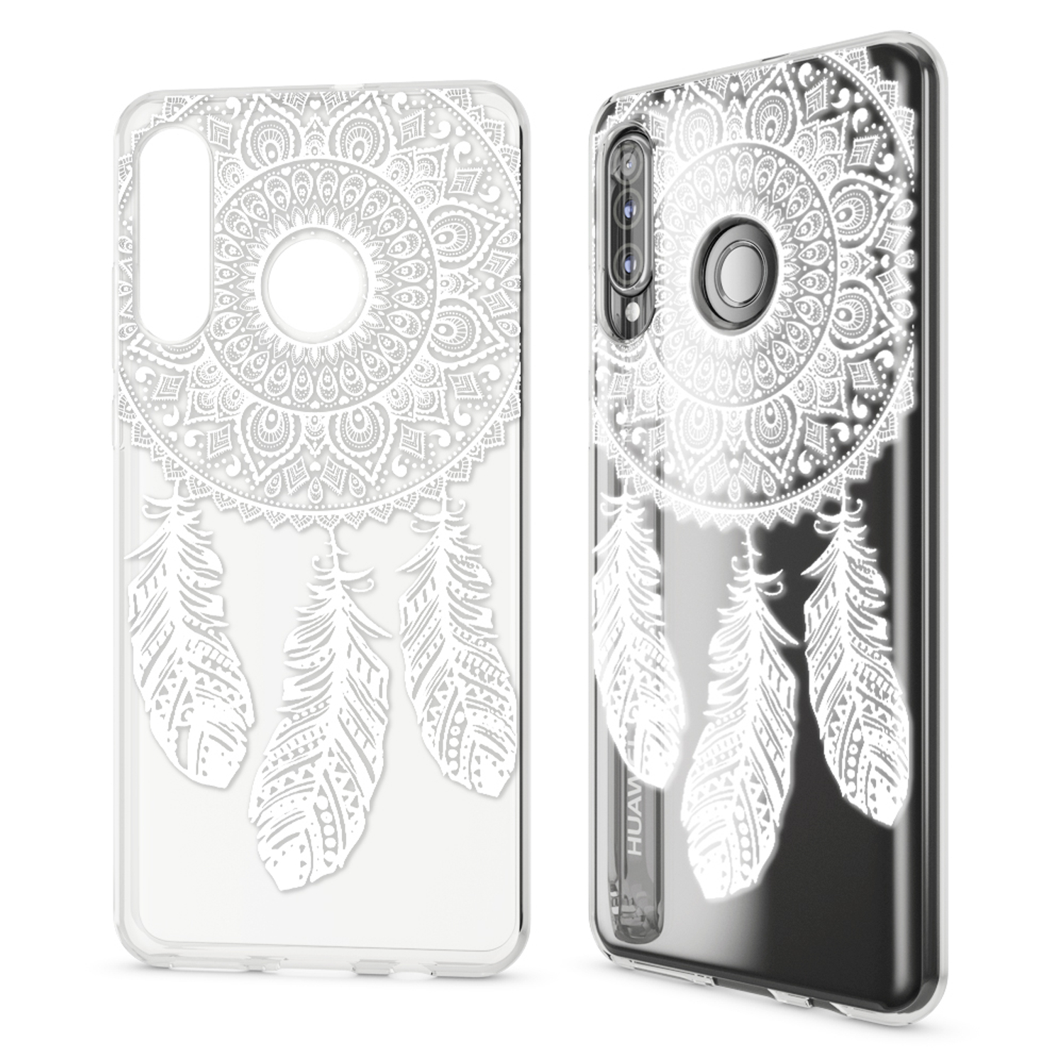 Zwei transparente Handyhüllen. Eine zeigt ein weißes Mandala-Design, die andere das Design. Weißer Hintergrund.