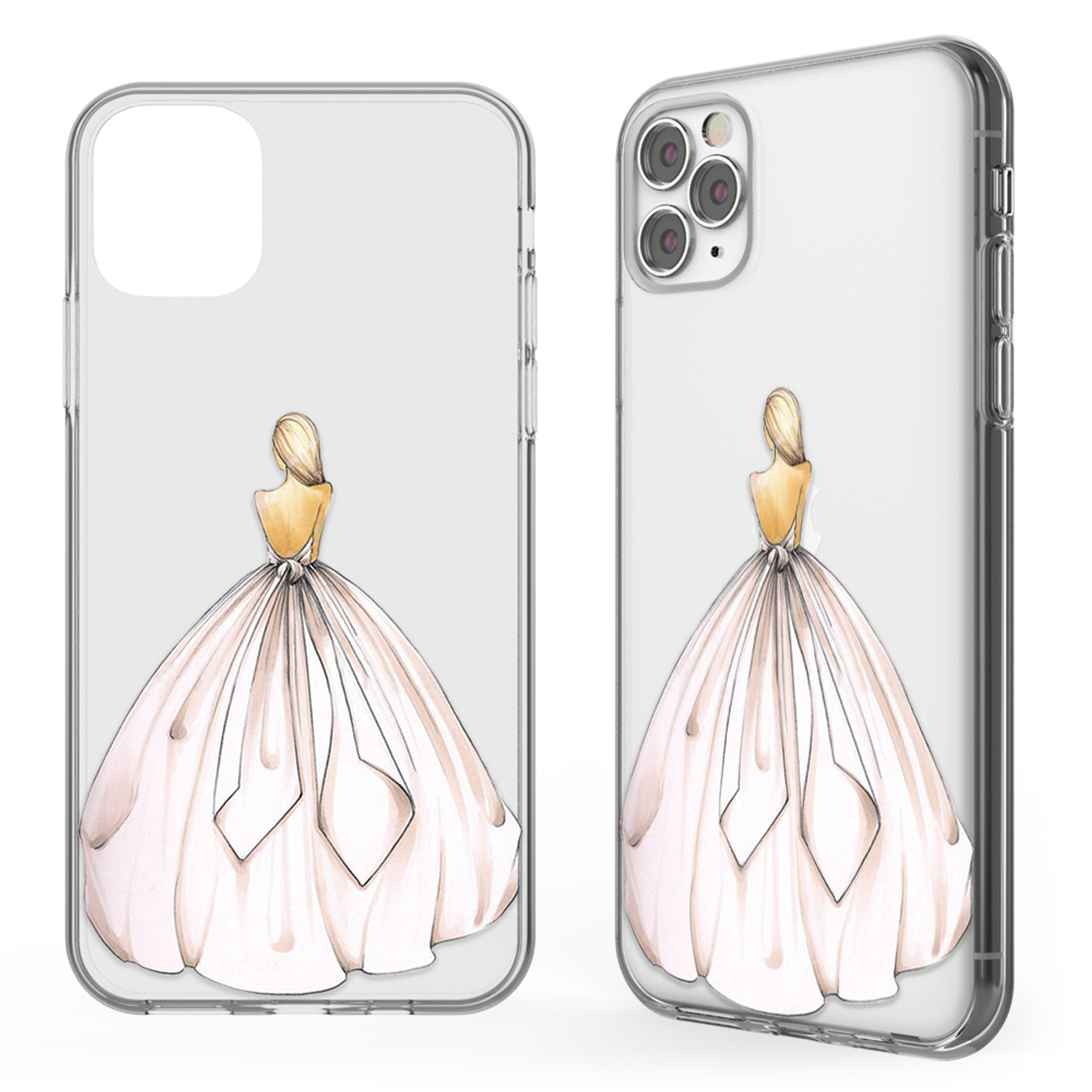 Zwei Handyhüllen. Eine klar, die andere mit einer Brautillustration in einem Kleid.