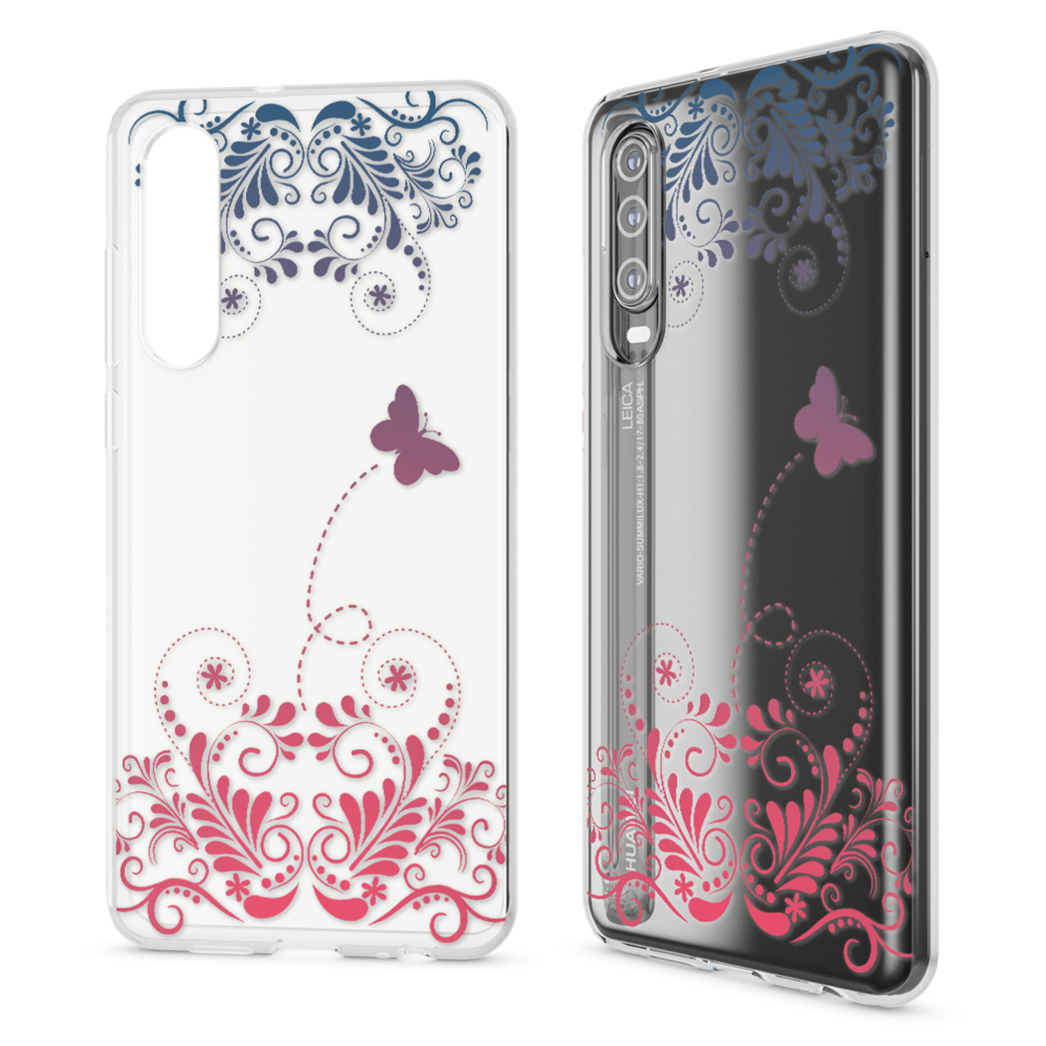 Zwei Handyhüllen; eine transparente mit floralem Design, die andere mit Farbverlauf und Schmetterlingen.