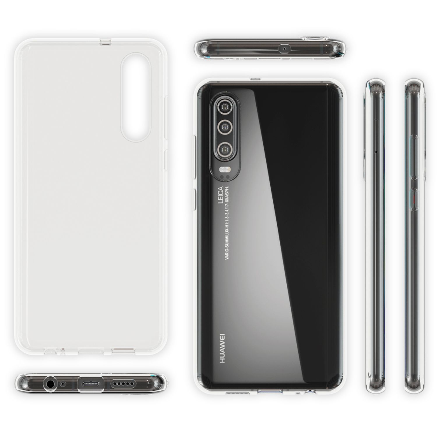 Transparente Handyhülle mit einem Telefon darin. Verschiedene Ansichten. Weißer Hintergrund.