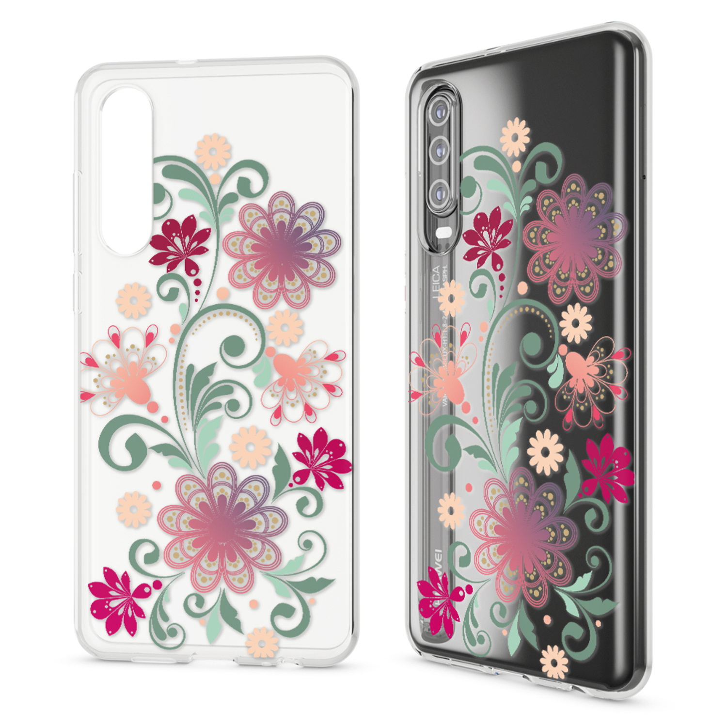 Transparente Handyhülle mit Blumendesign. Blumen in Pink, Lila und Grün, mit transparentem Hintergrund.