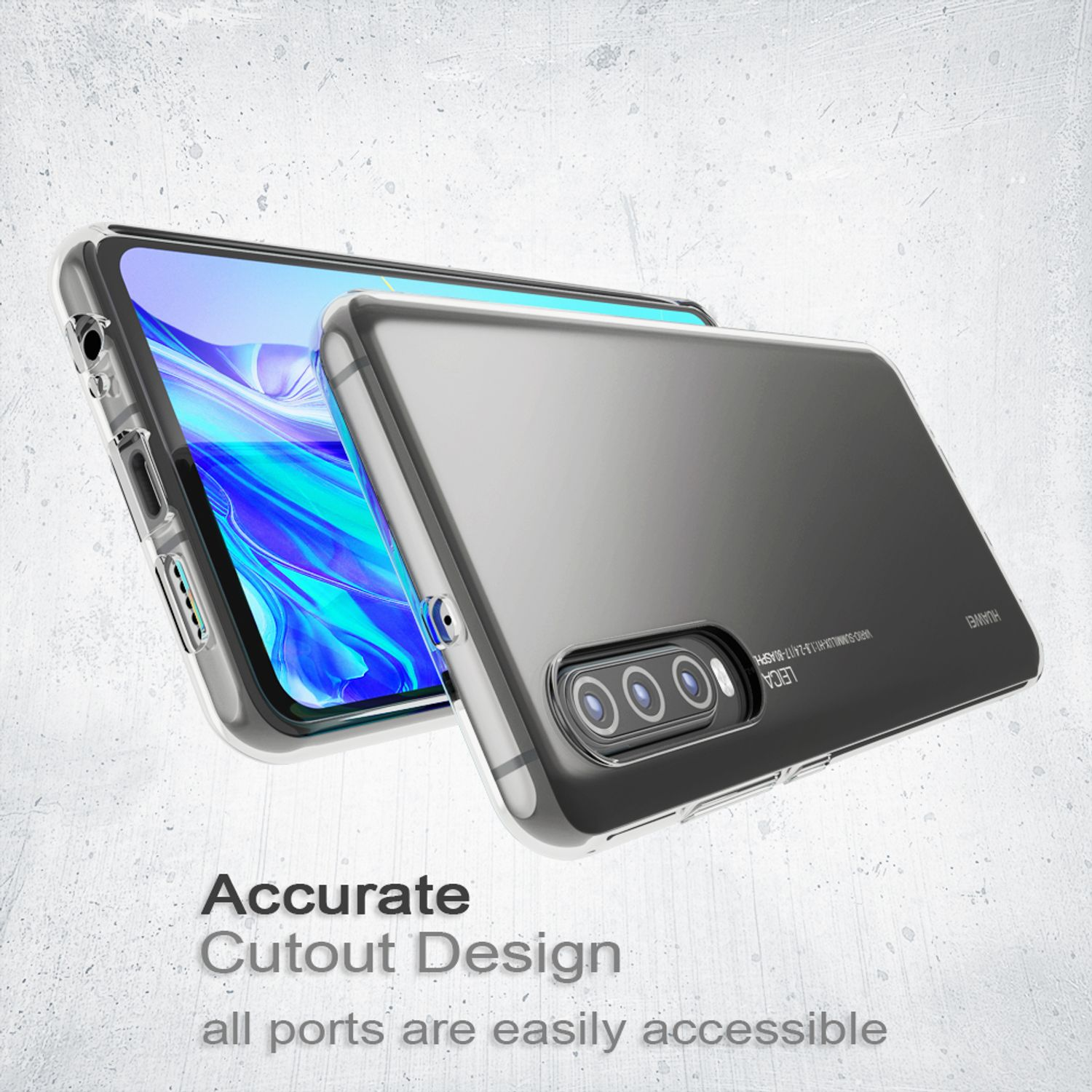 Handyhülle auf einem Handy. Transparente Hülle, schwarzes Handy innen. Text: Präzises Ausschnittdesign, alle Anschlüsse zugänglich.