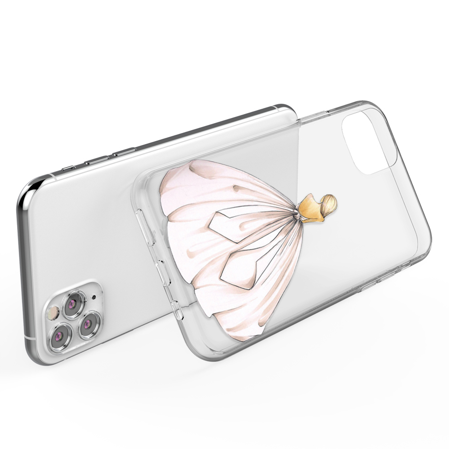 Telefon mit transparenter Hülle. Das Design zeigt ein Kleid. Das Kleid hat einen rosa Rock und ist auf weißem Hintergrund.