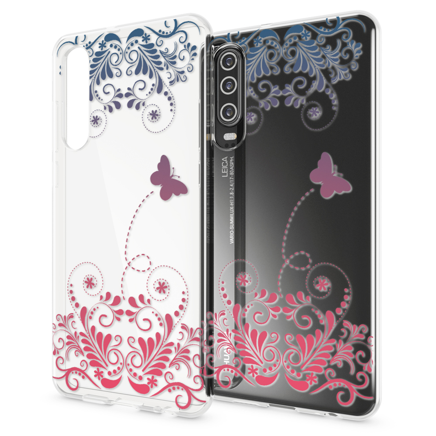 Transparente Handyhülle mit rosa und blauem Blumendesign; zwei Telefone gezeigt.